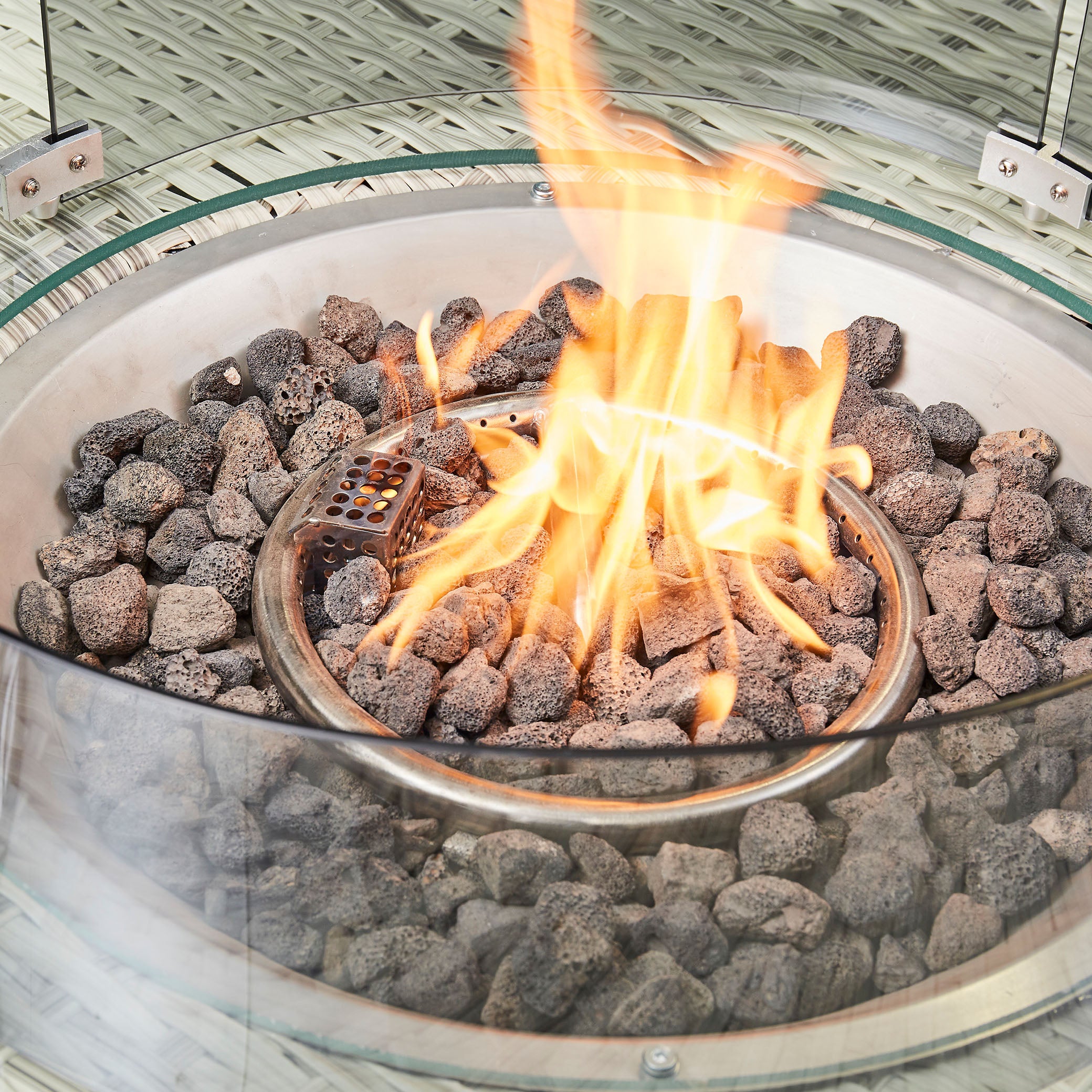 Beige Lola glass top table with Fire Pit - full close view (14930007720314)