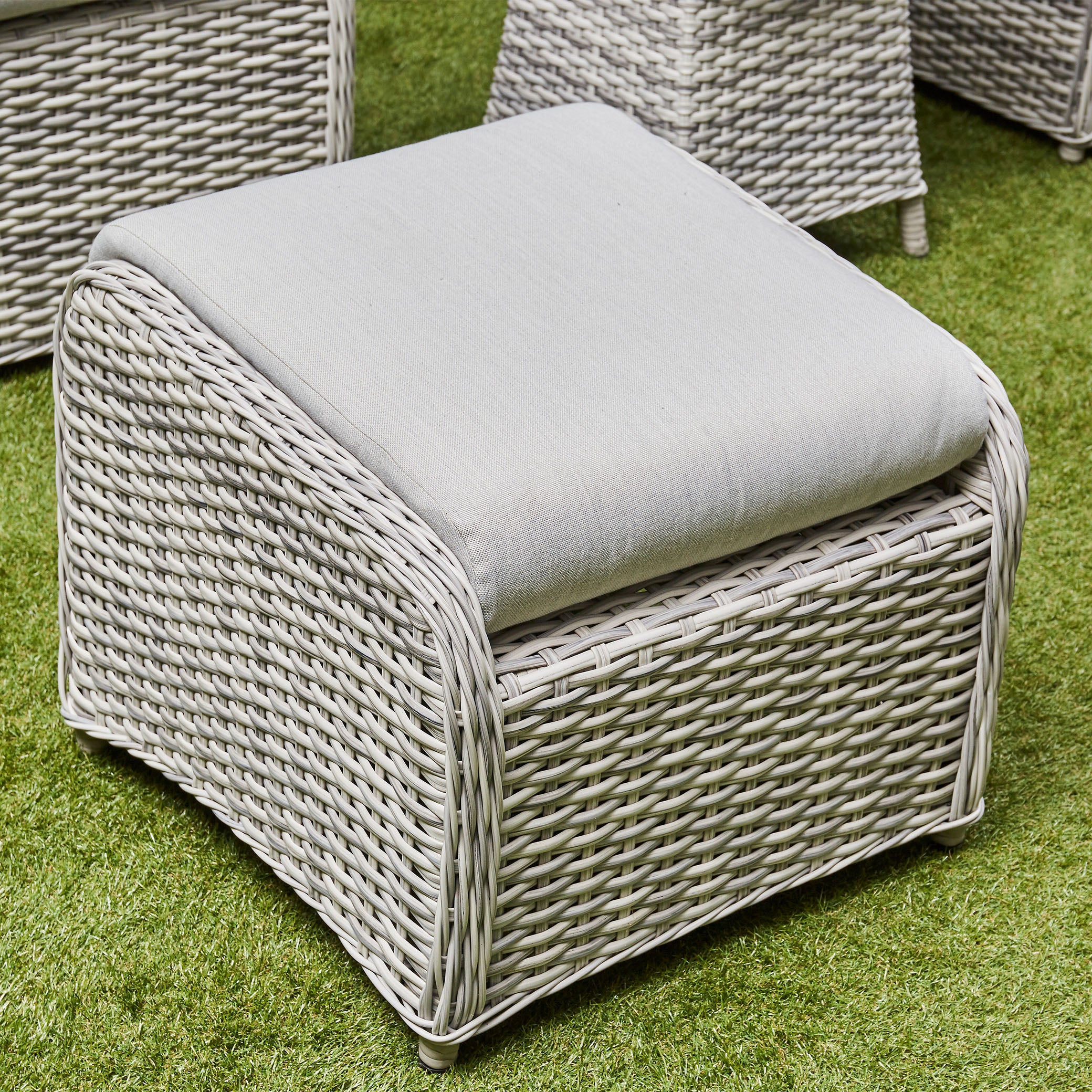 Beige Willow Reclining Rattan Armchair with stool - close view (14930009850234)