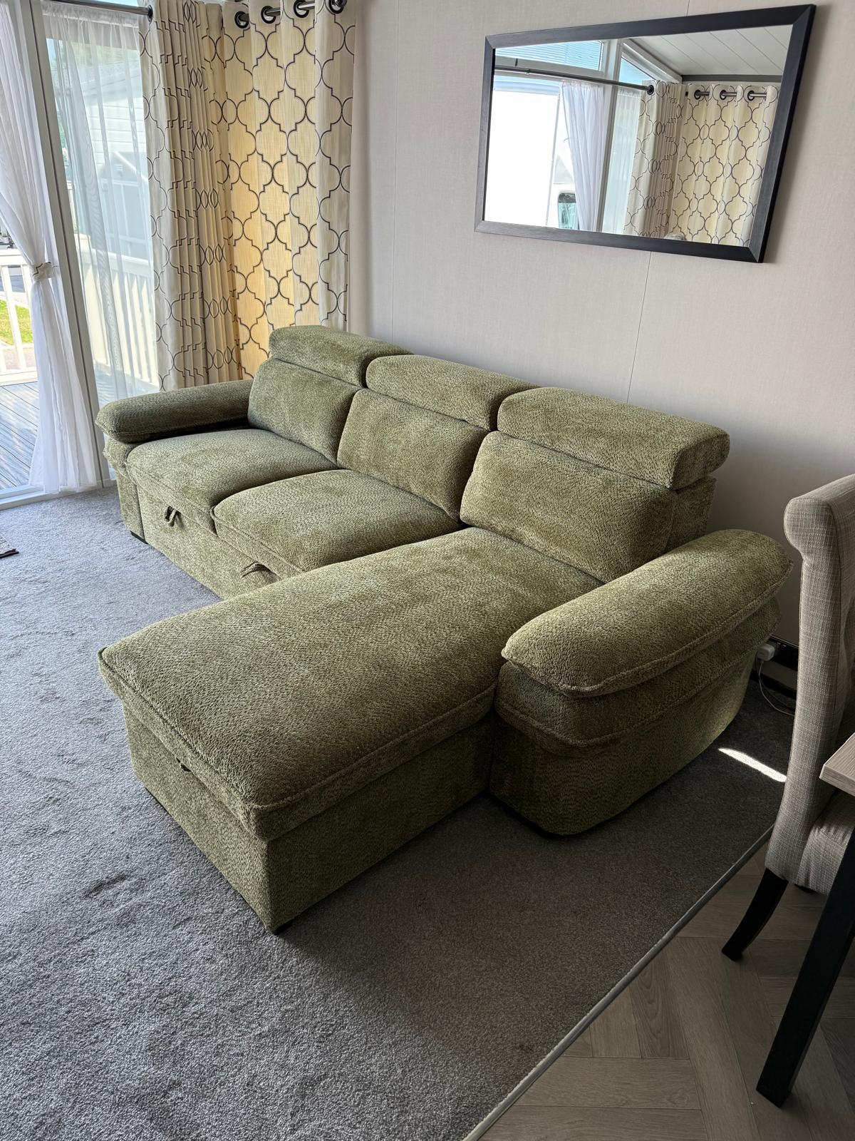 Billie U Shape Sofa Bed in Green with Lift Up Storage