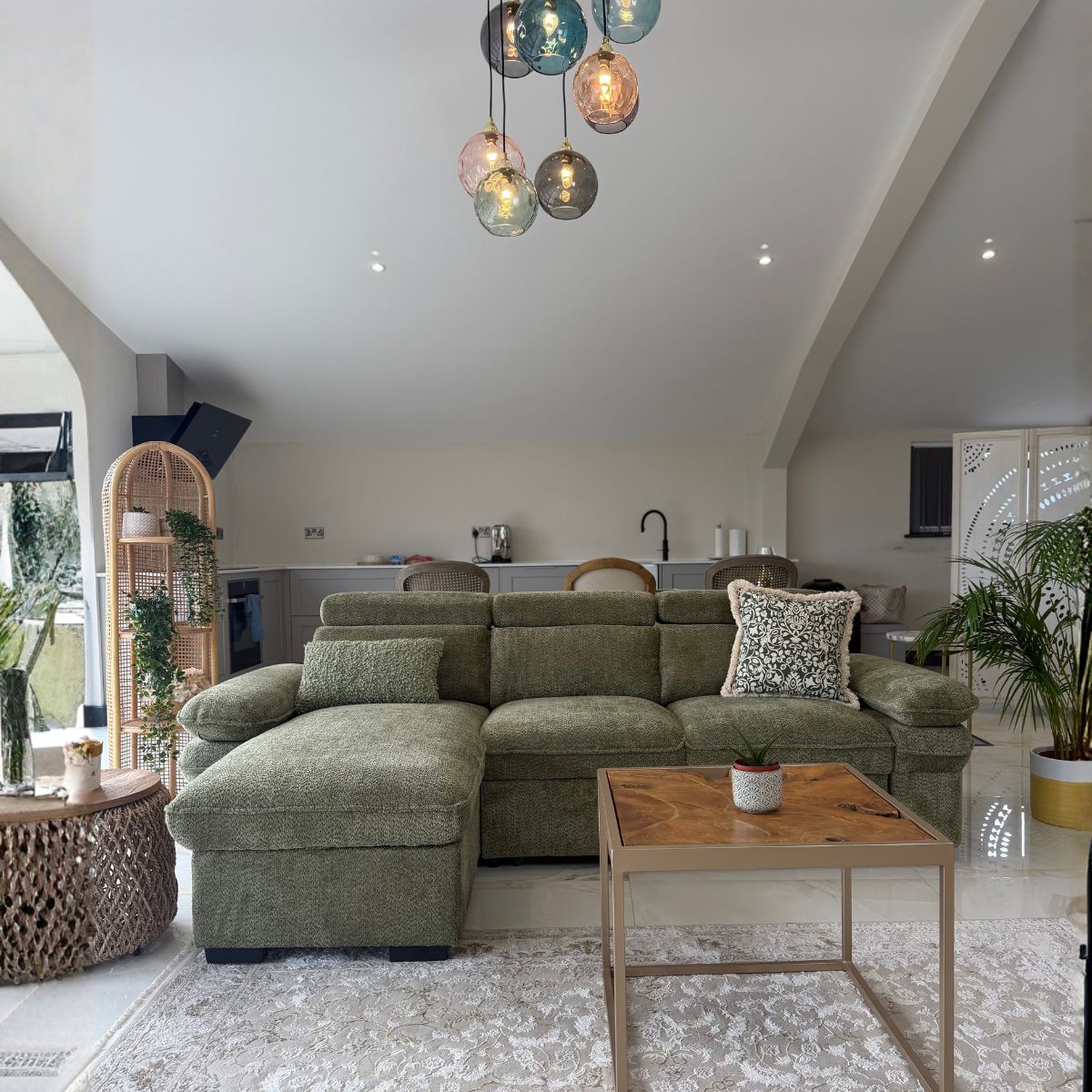 Billie Universal Corner Sofa Bed with Storage in Green Beehive