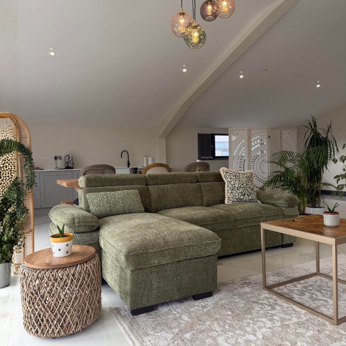 Billie Universal Corner Sofa Bed with Storage in Green Beehive