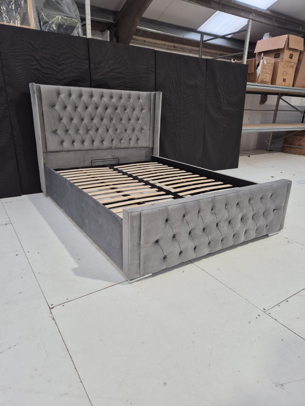 King Size Mulberry Bedframe in Plush Grey with Ottoman Storage