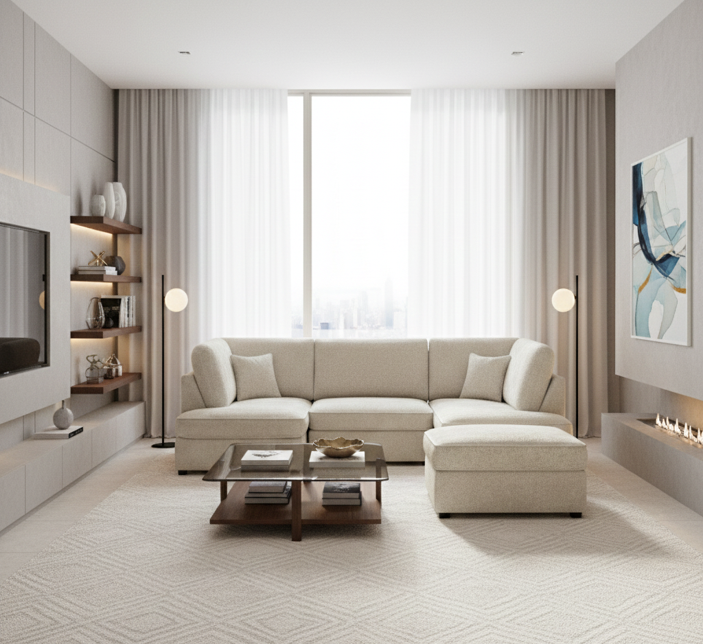 Camden U-Shape Corner Sofa with Footstool – Beige Boucle