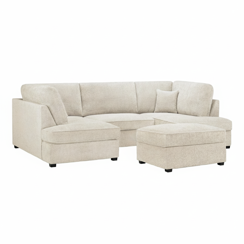 Camden U-Shape Corner Sofa with Footstool – Beige Boucle-1