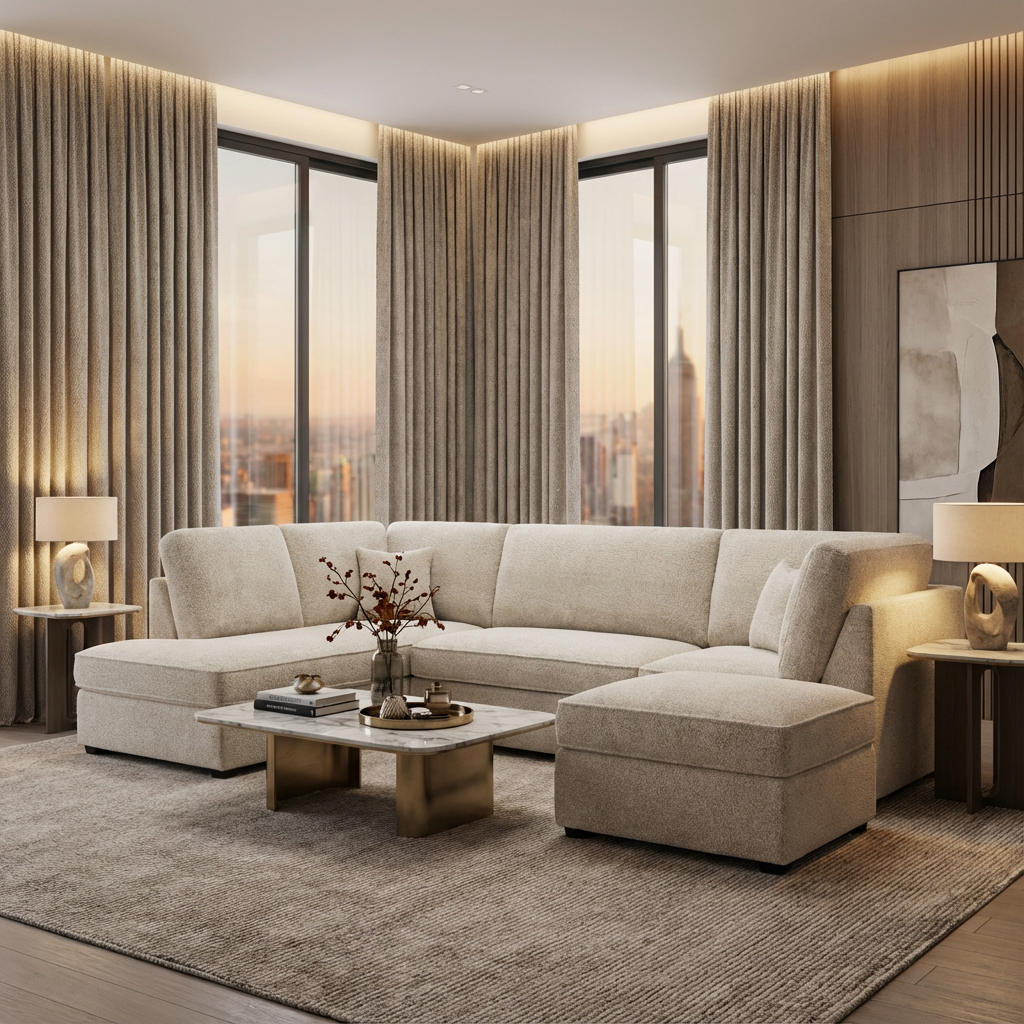 Camden U-Shape Corner Sofa with Footstool – Beige Boucle