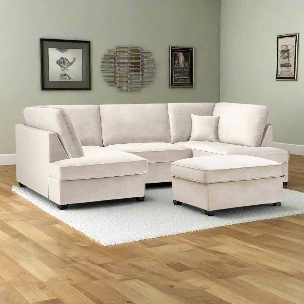 Camden U Shape Corner Sofa with Footstool - Plush Beige (7022922104896)
