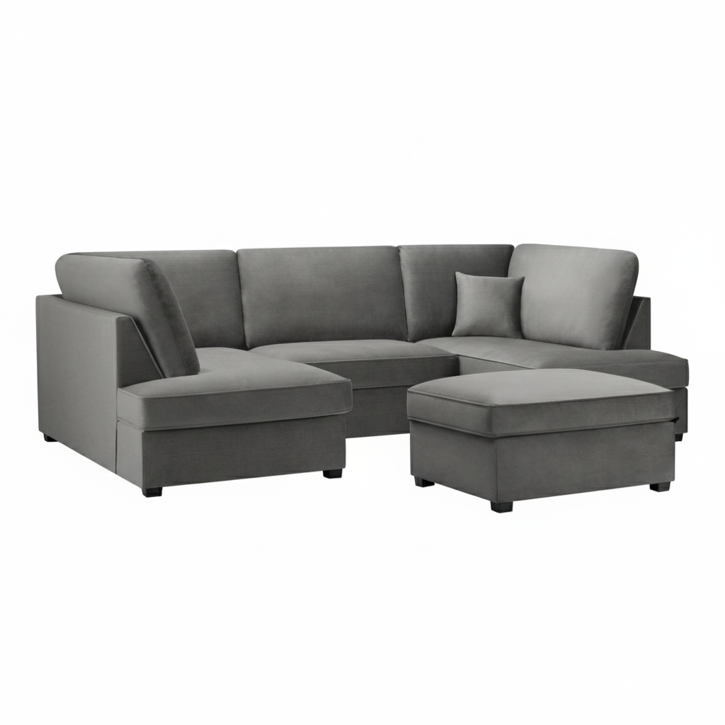 Camden U-Shape Corner Sofa with Footstool – Plush Grey