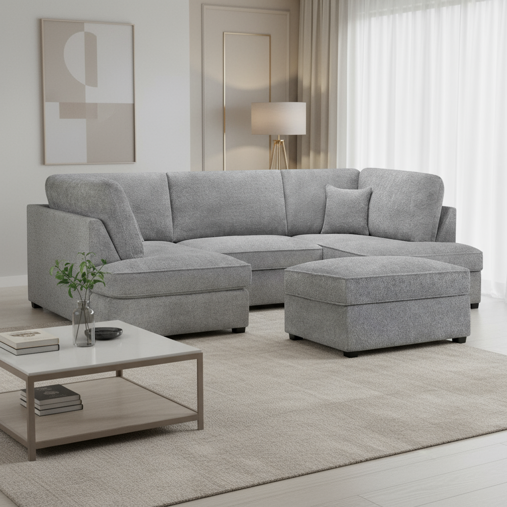 Camden U Shape Corner Sofa with Footstool - Grey Boucle (7022930985024)