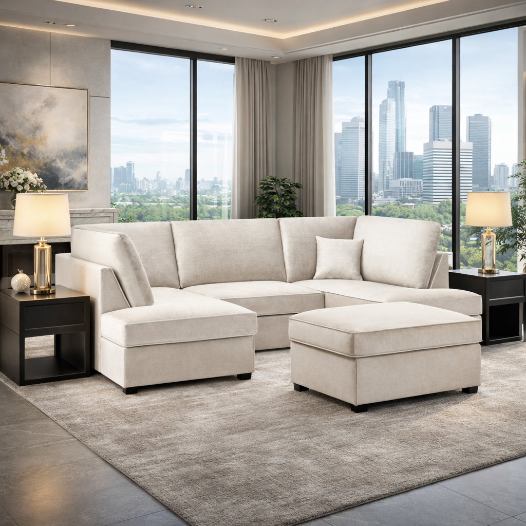 Camden U Shape Corner Sofa with Footstool - Plush Beige