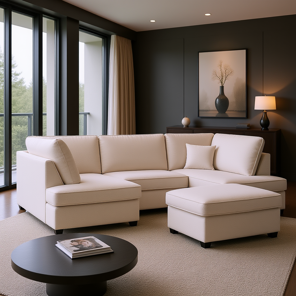 Camden U Shape Corner Sofa with Footstool - Plush Beige