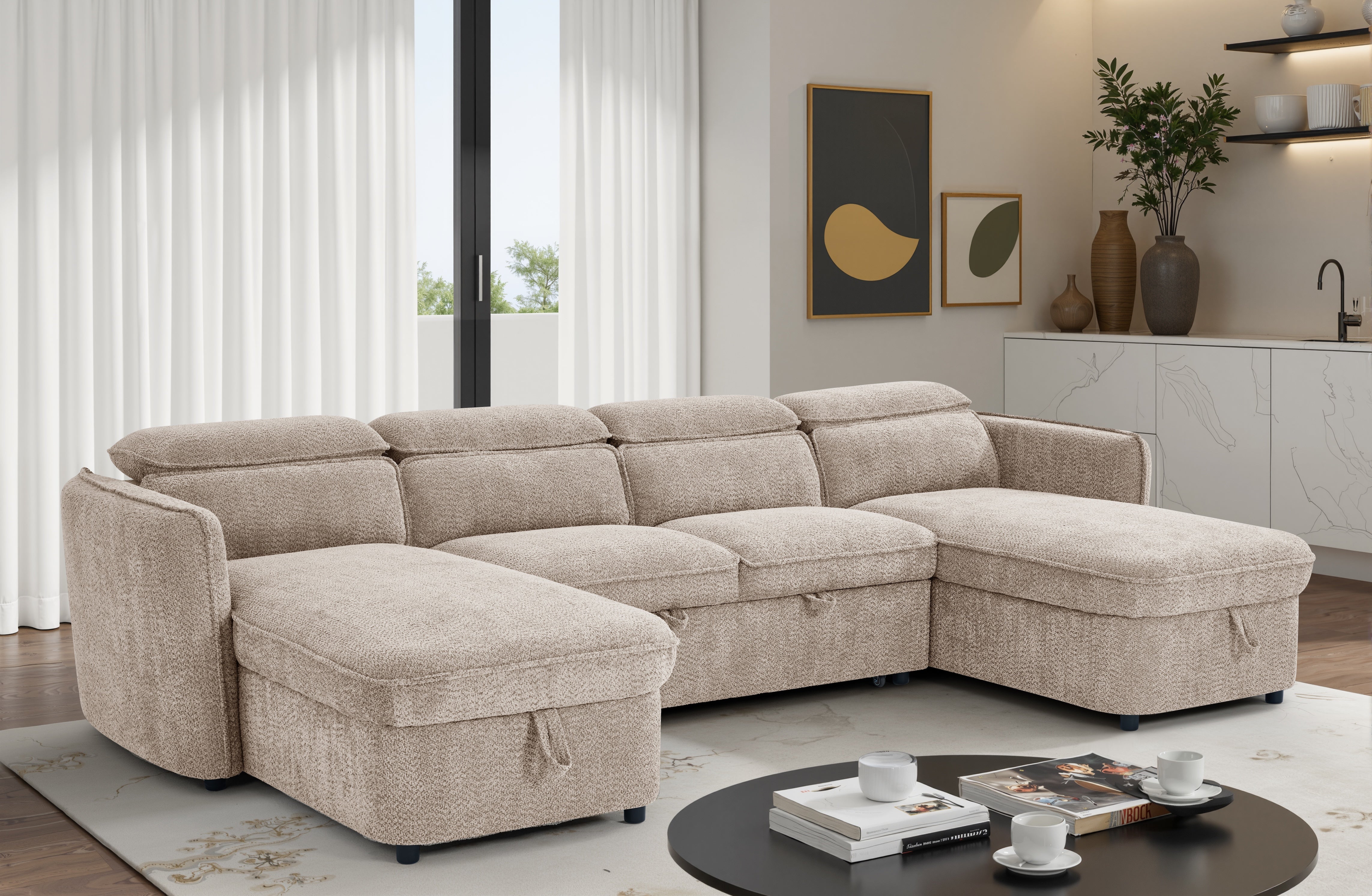 Nova U Shape Corner Sofa Bed in Beige - AMC Furniture