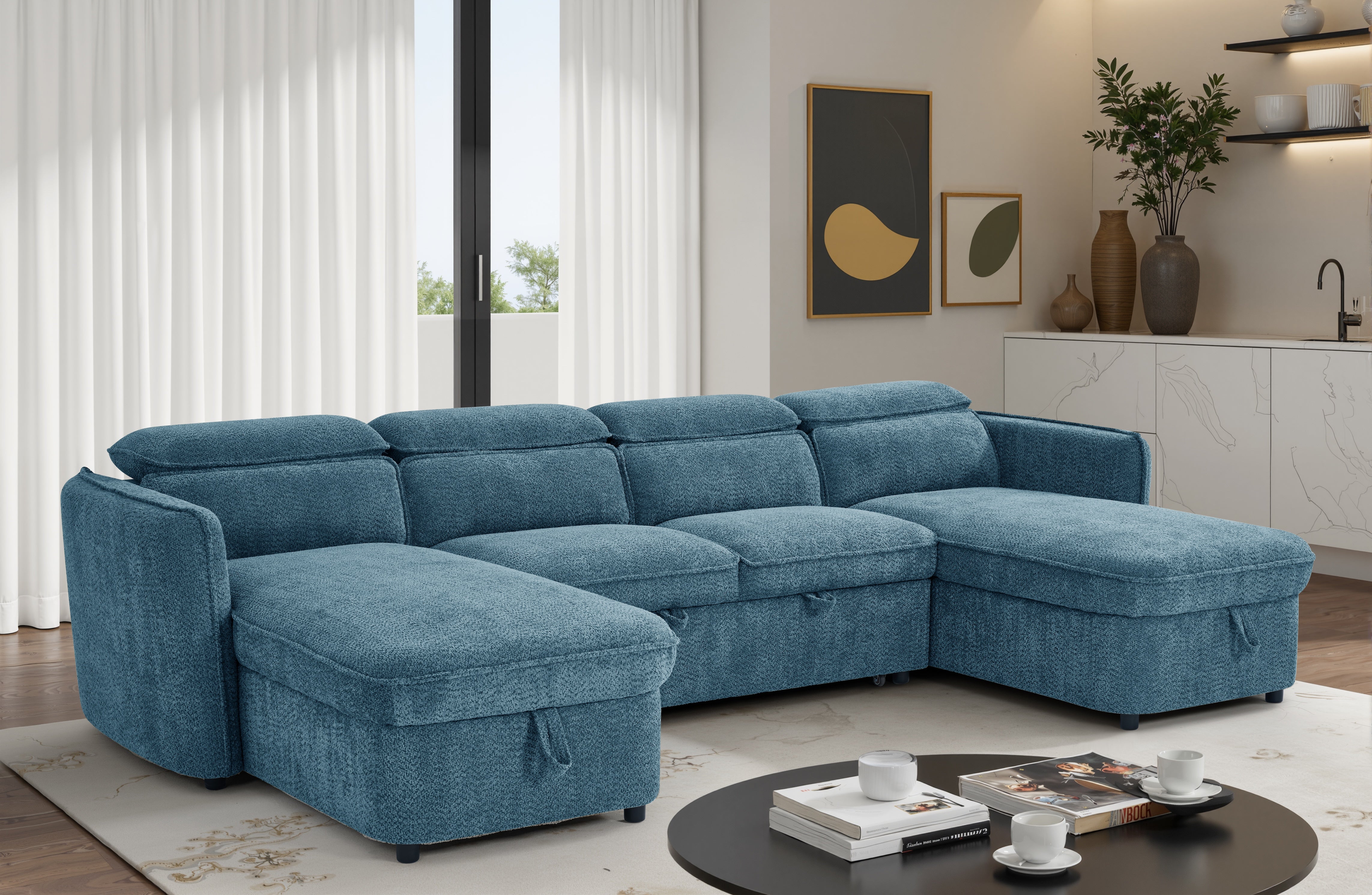 Nova U Shape Corner Sofa Bed in Blue - AMC Furniture