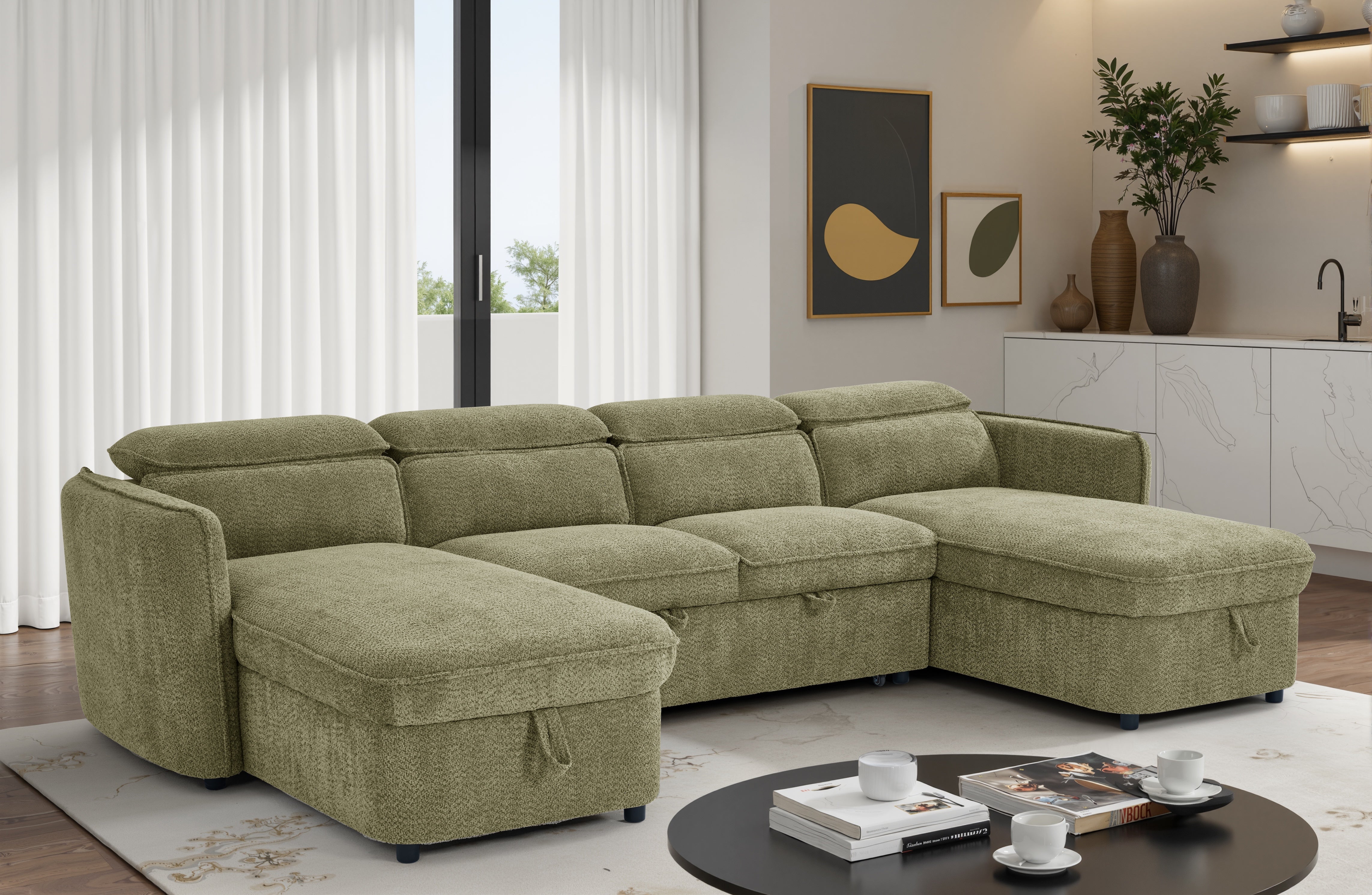 Nova U Shape Corner Sofa Bed in Green - AMC Furniture