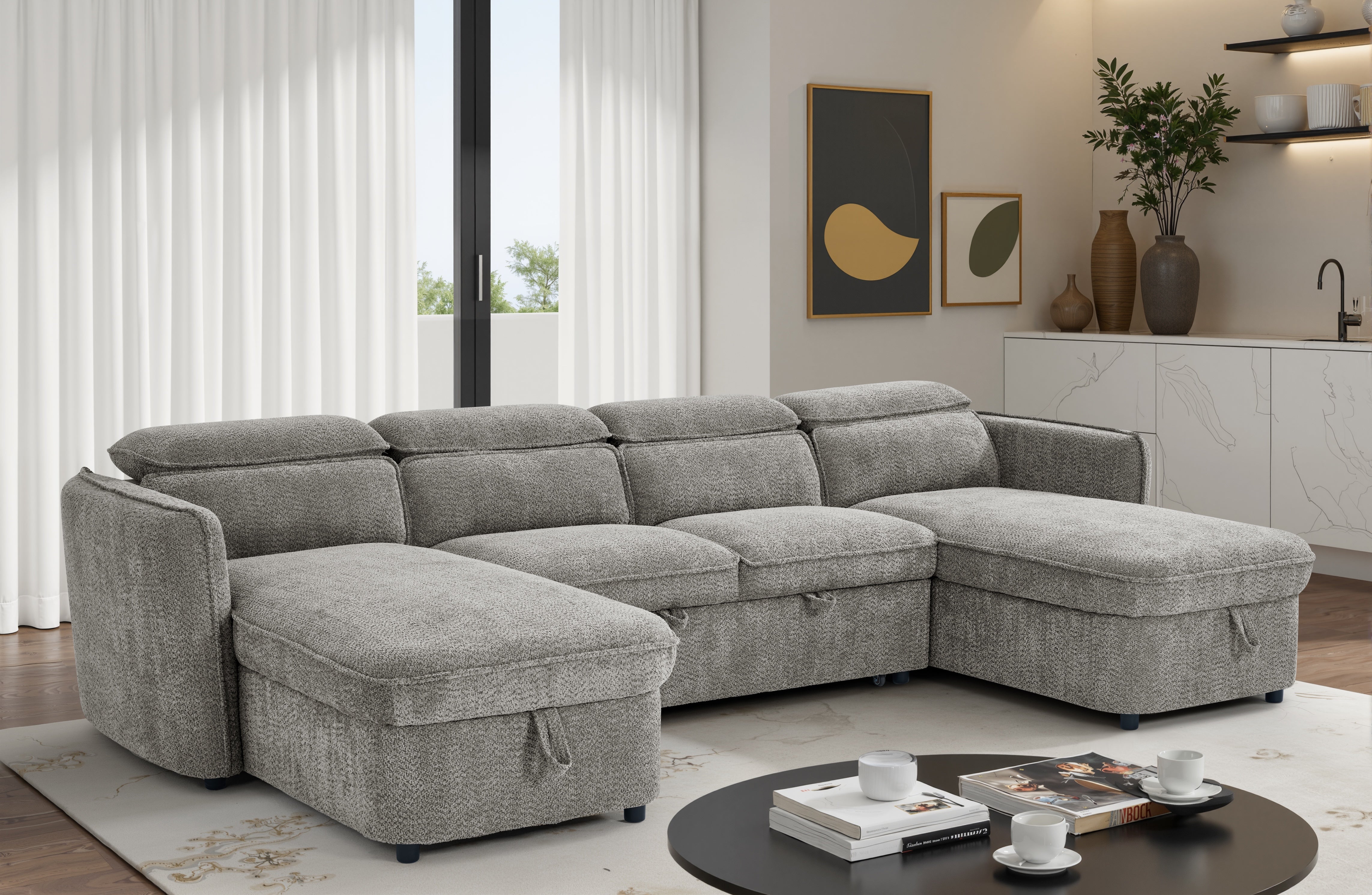 Nova U Shape Corner Sofa Bed in Grey - AMC Furniture