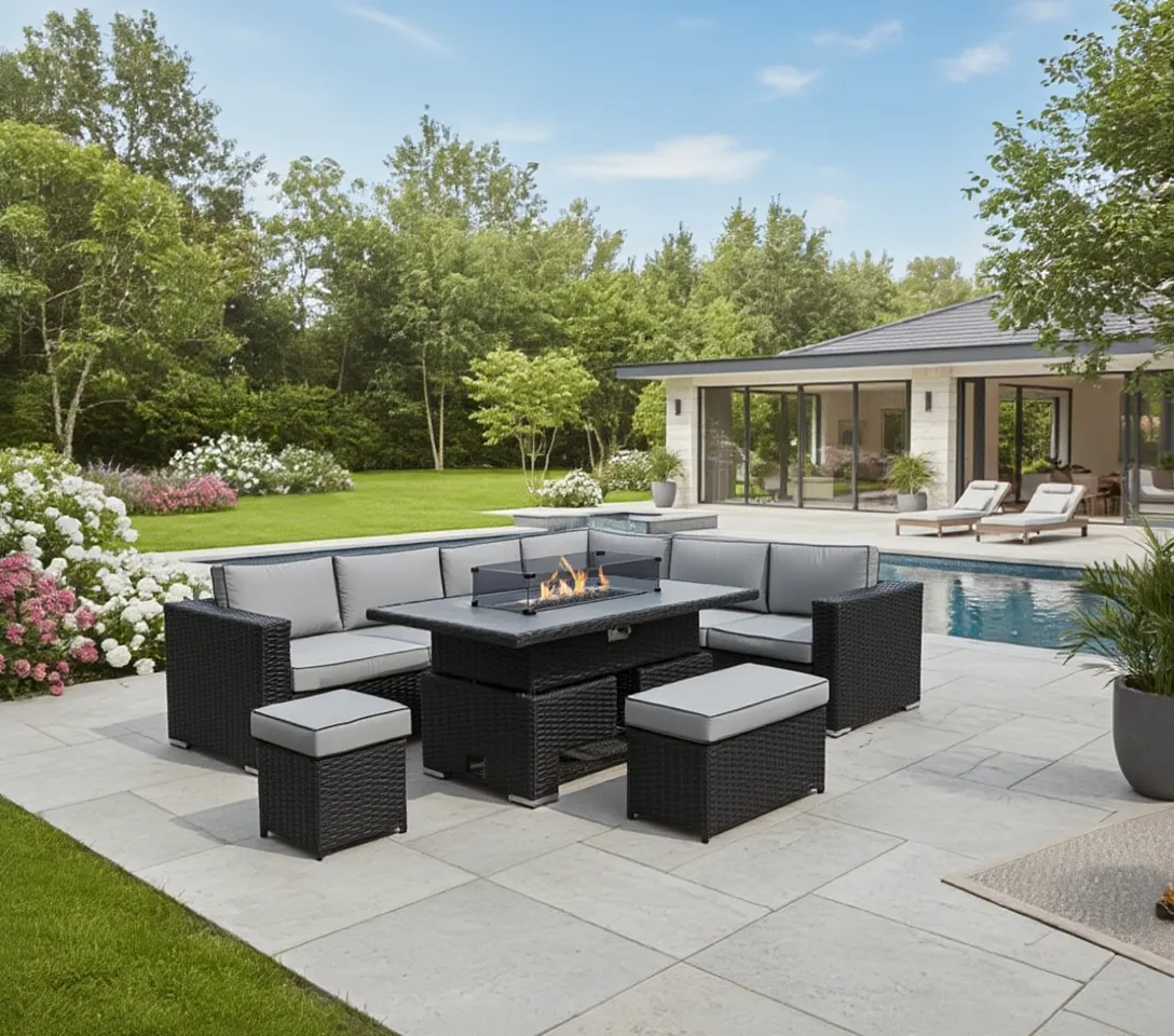 Chakra Rattan Corner Dining Set with Fire Pit – Black