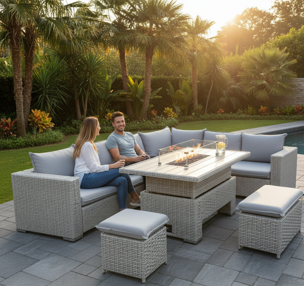 Chakra Rattan Corner Dining Set with Fire Pit – Grey/Beige