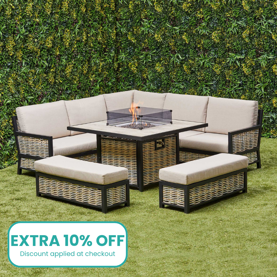 Ivy Aluminium & Rattan Corner Dining Set with Fire Pit – Beige (14929993597306)
