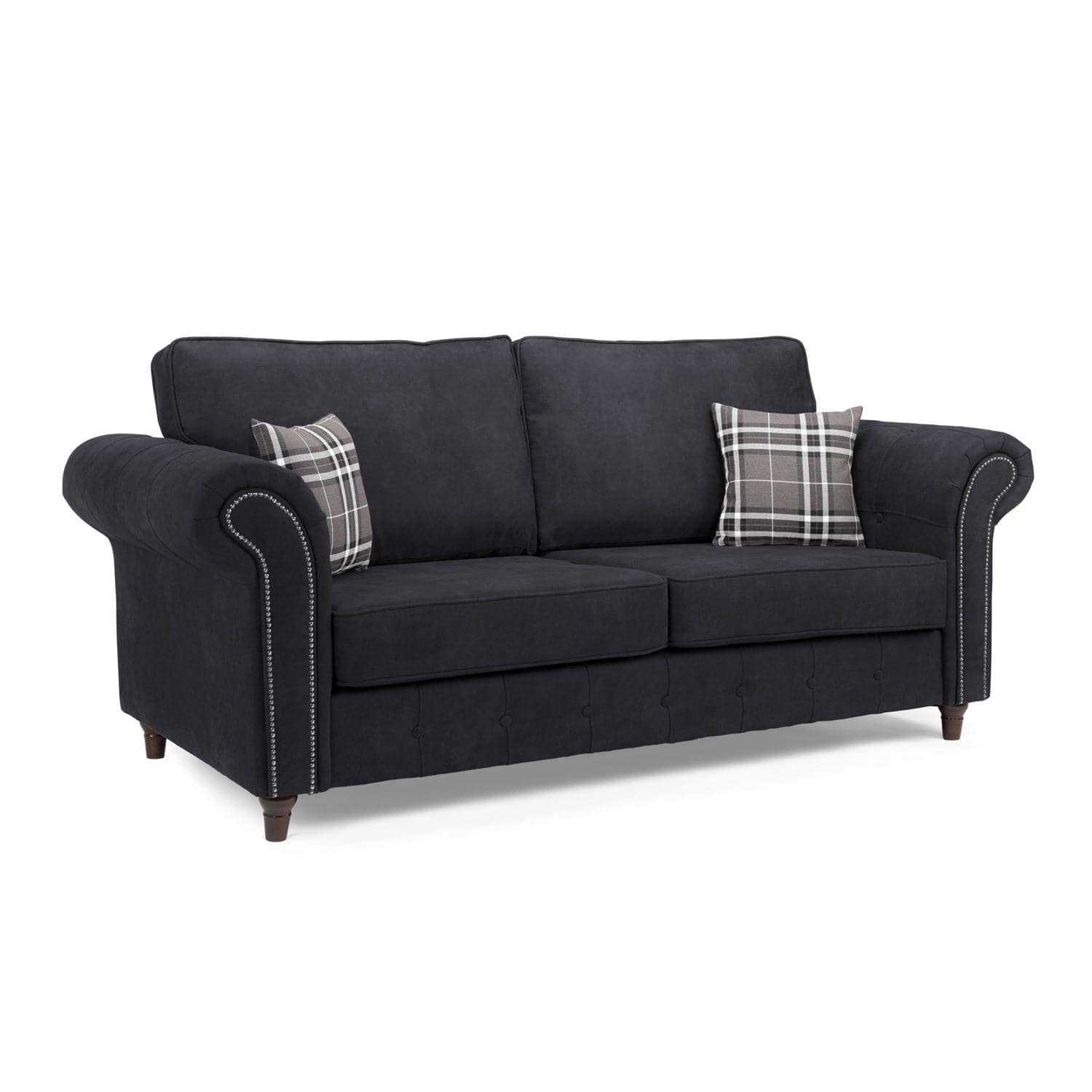 Front view of the Atlanta sofa Charcoal 3 seater with studded arms and patterned cushion (7025818042432)