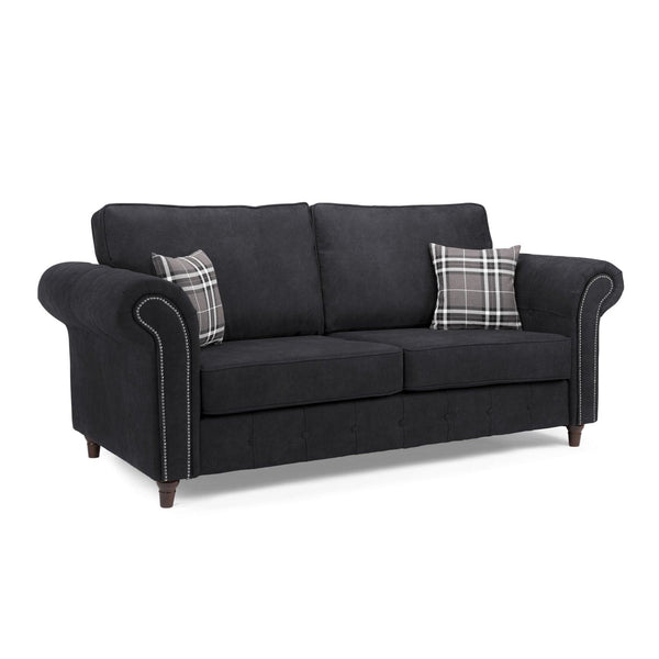 Front view of the Atlanta sofa Charcoal 3 seater with studded arms and patterned cushion (7025818042432)