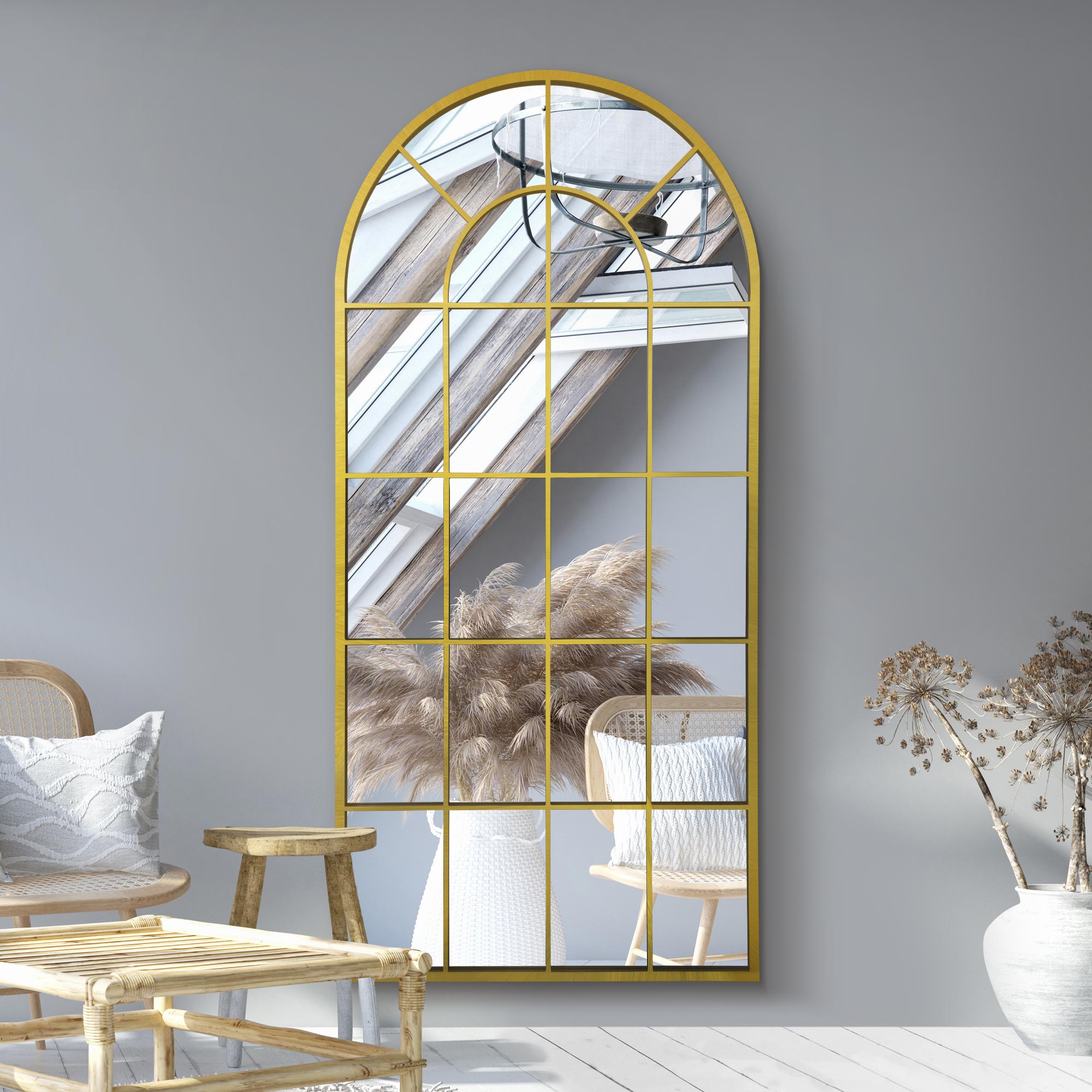 The Arcus - Gold metal Arched Window Leaner / Wall Mirror 71" X 33.5" (180x85CM) (15010545729914)