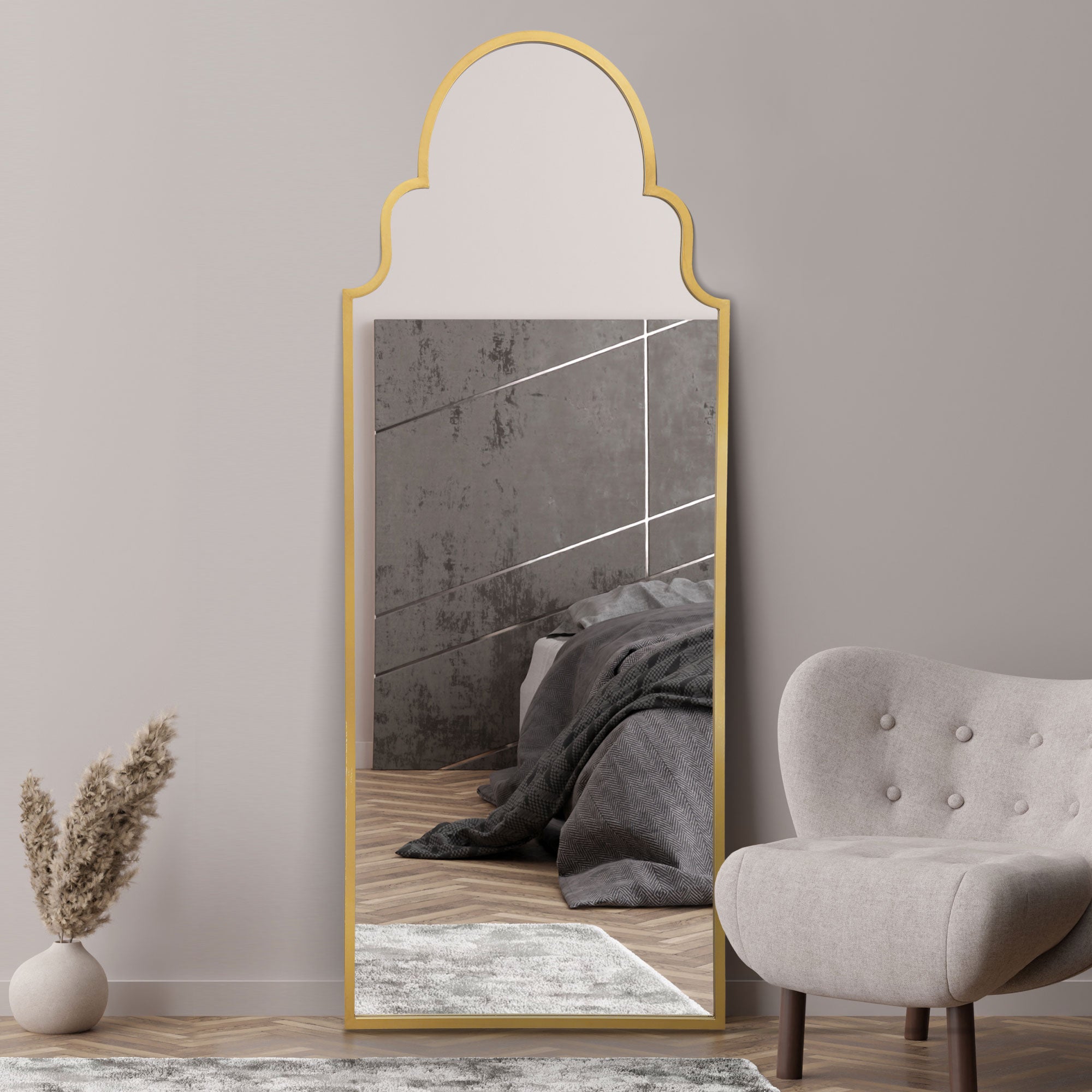 The Arcus - Gold Framed Arched Leaner/Wall Mirror 71" X 28 (180CM X 70CM) (15010552447354)