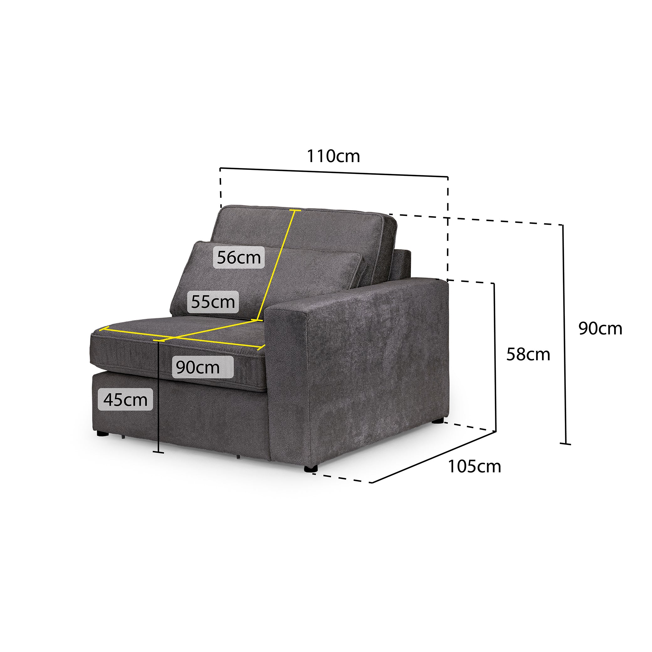 Grey modular right arm sofa piece – measurement view (7024759308352)