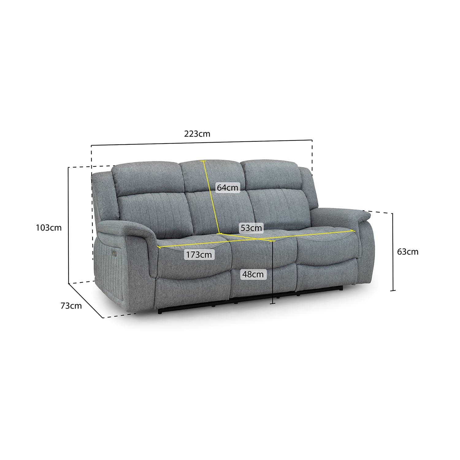 Hamlet 3 Seater Power Recliner Sofa in Grey - measurement view (7023948660800)