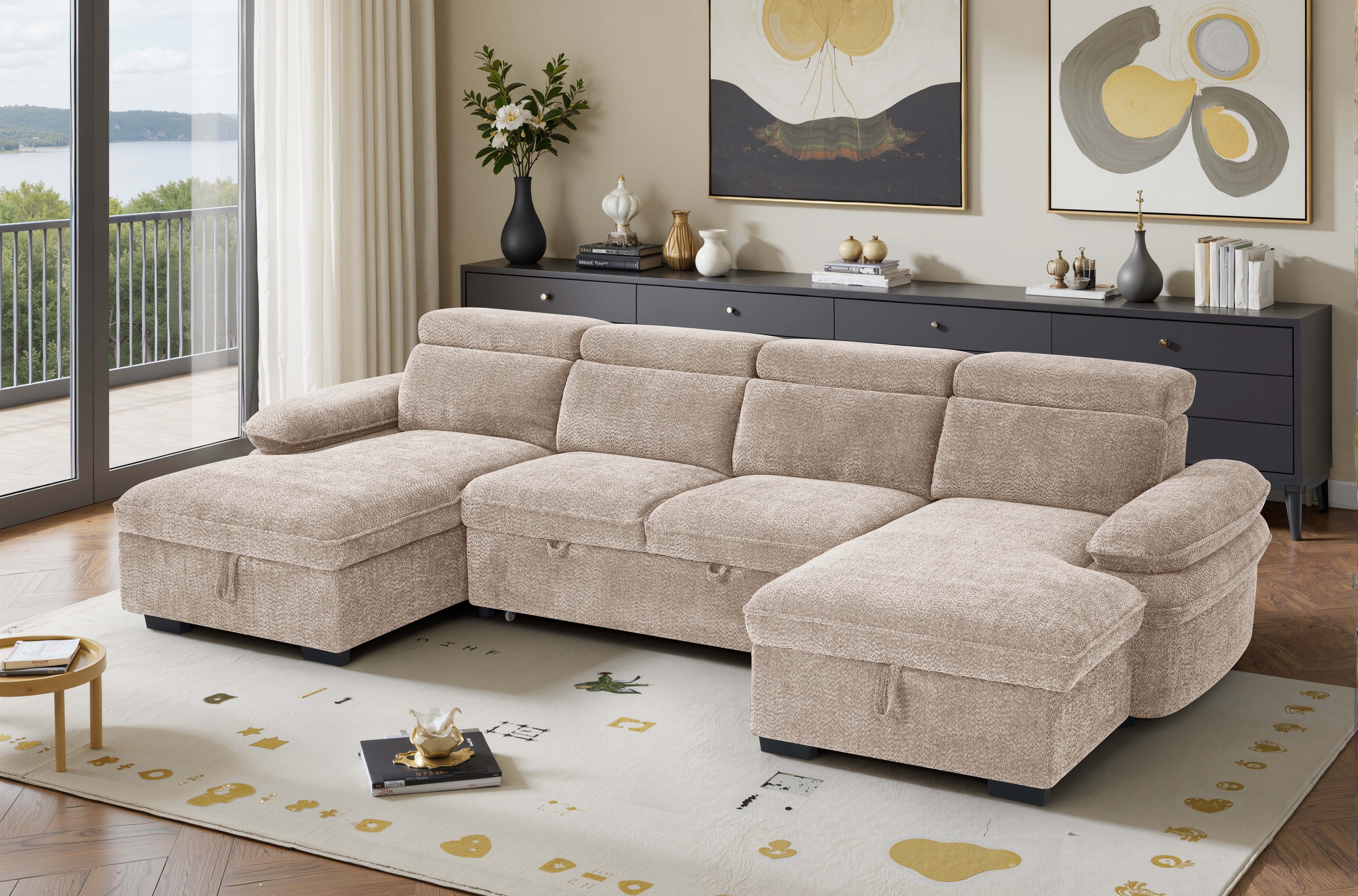 Billie U Shape Sofa Bed in Beige with Lift Up Storage - AMC Furniture