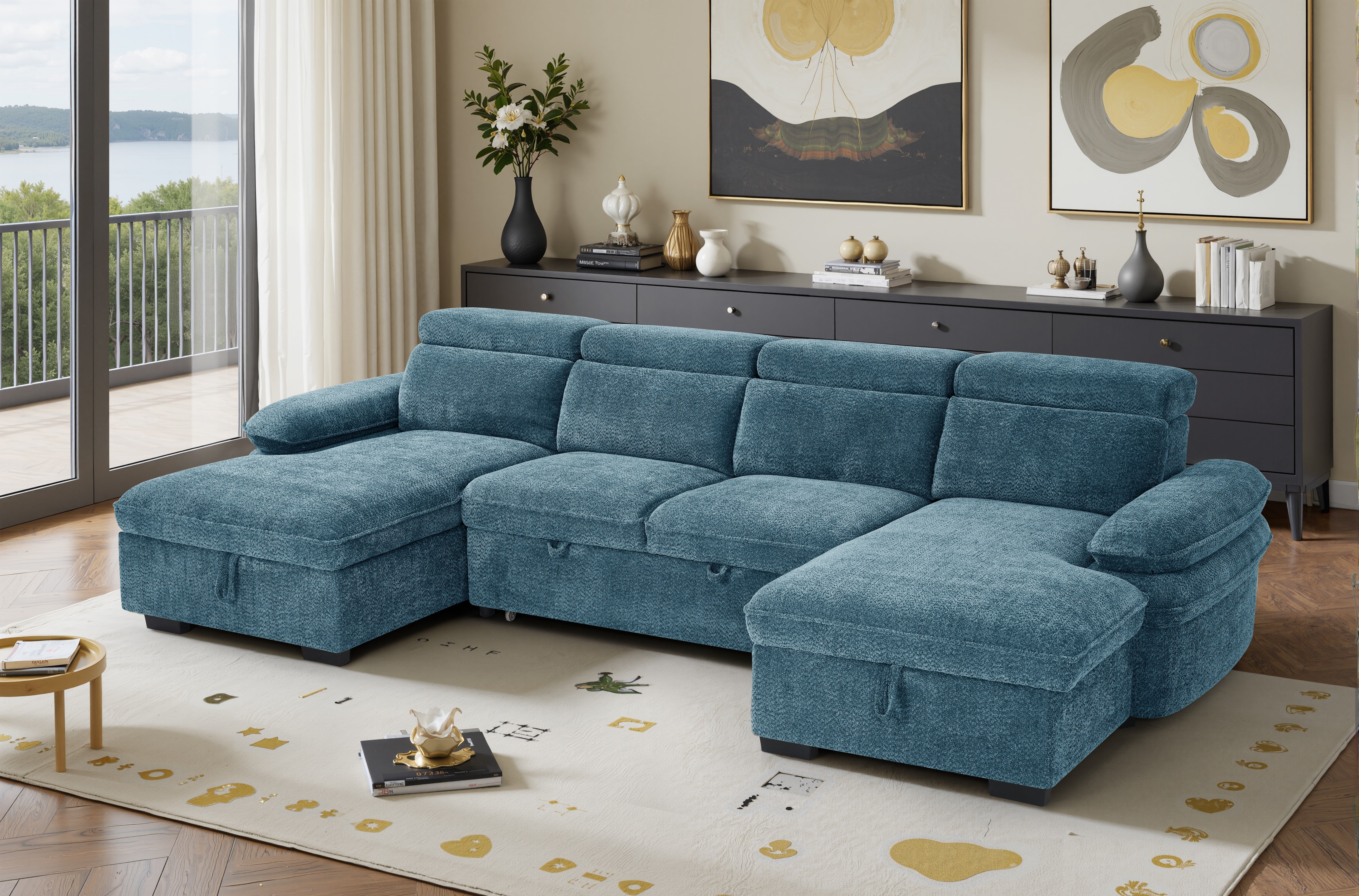 Billie U Shape Sofa Bed in Blue with Lift Up Storage - AMC Furniture