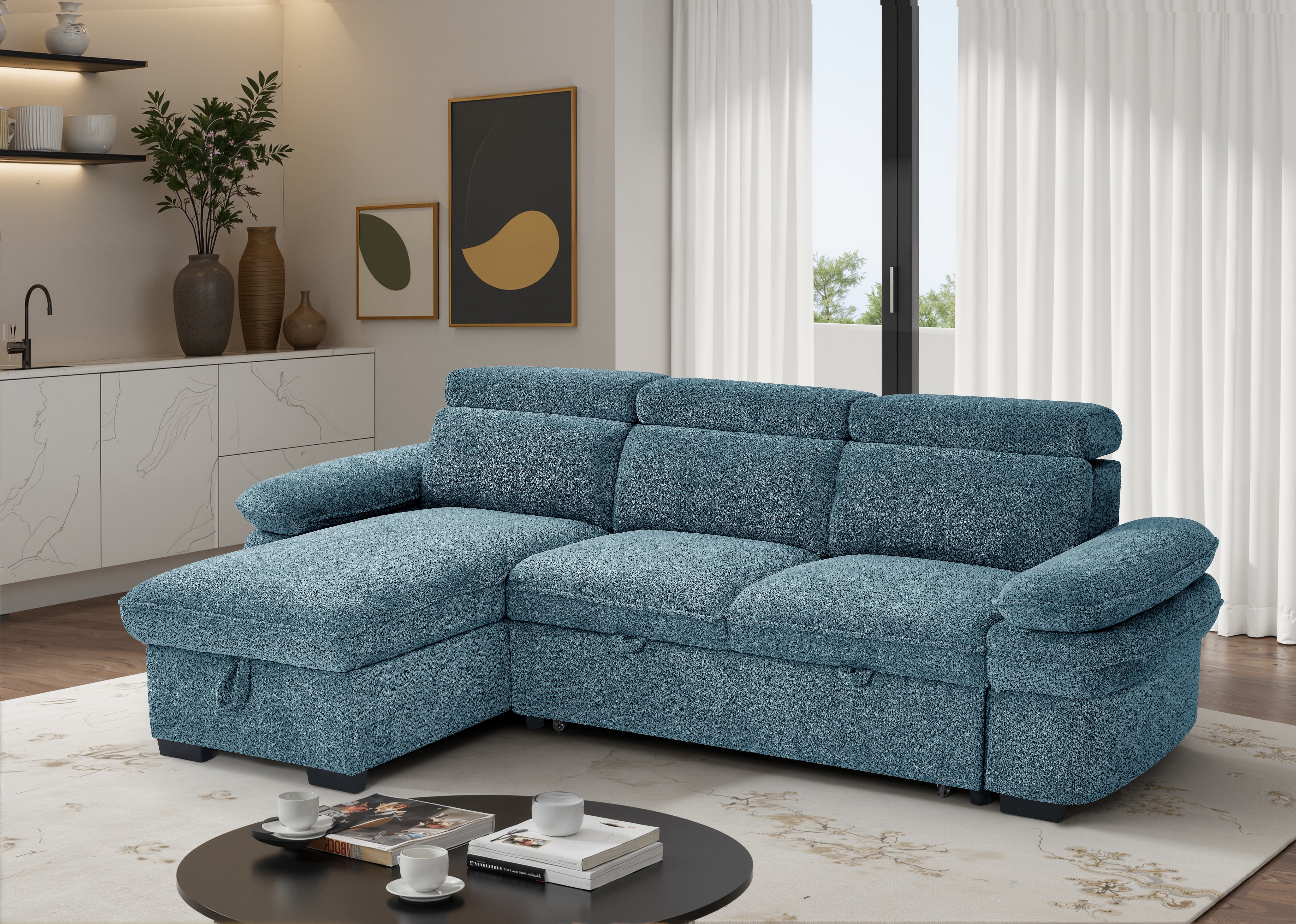 Billie Universal Corner Sofa Bed with Storage in Blue - AMC Furniture