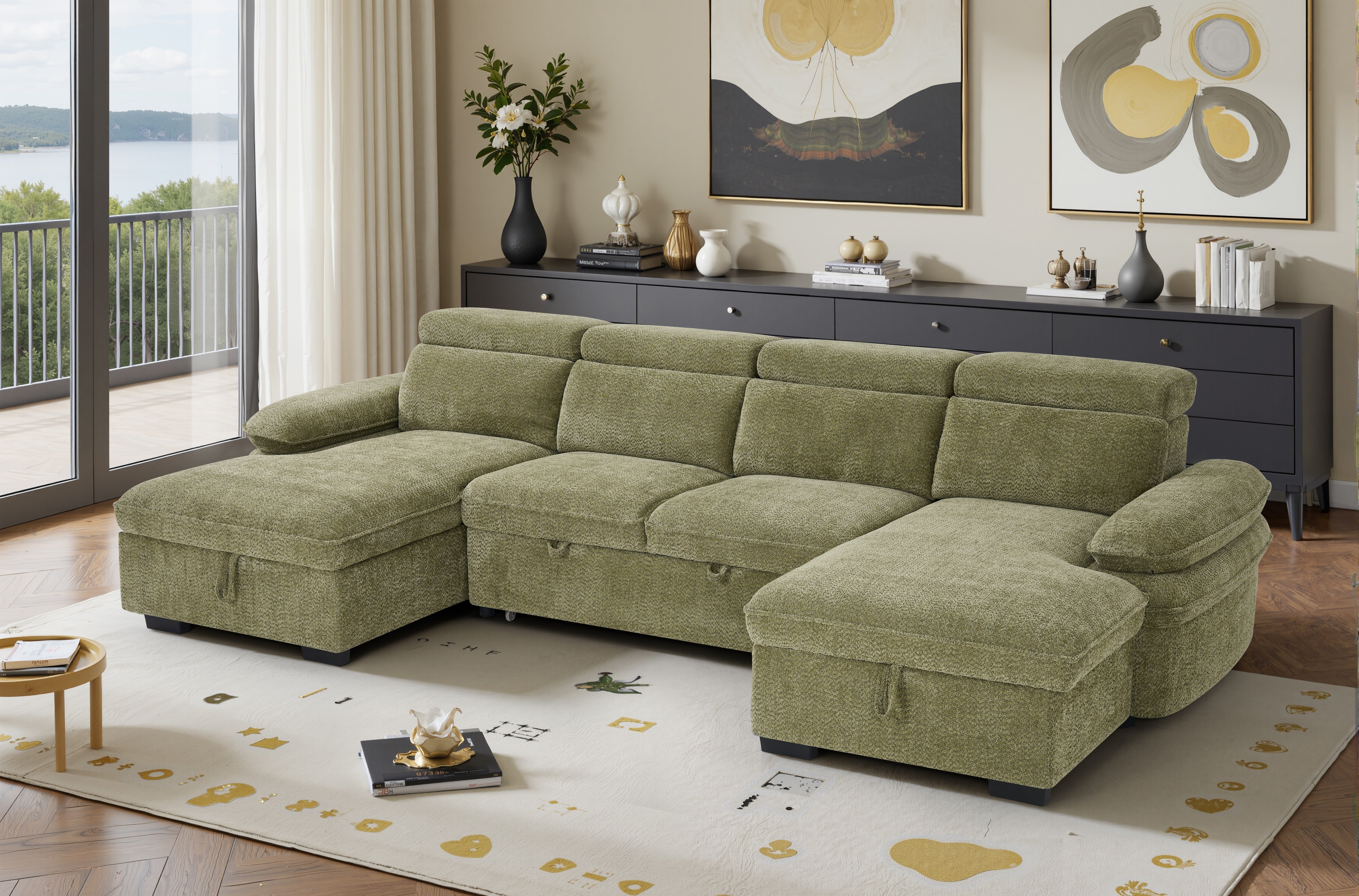 Billie U Shape Sofa Bed in Green with Lift Up Storage - AMC Furniture