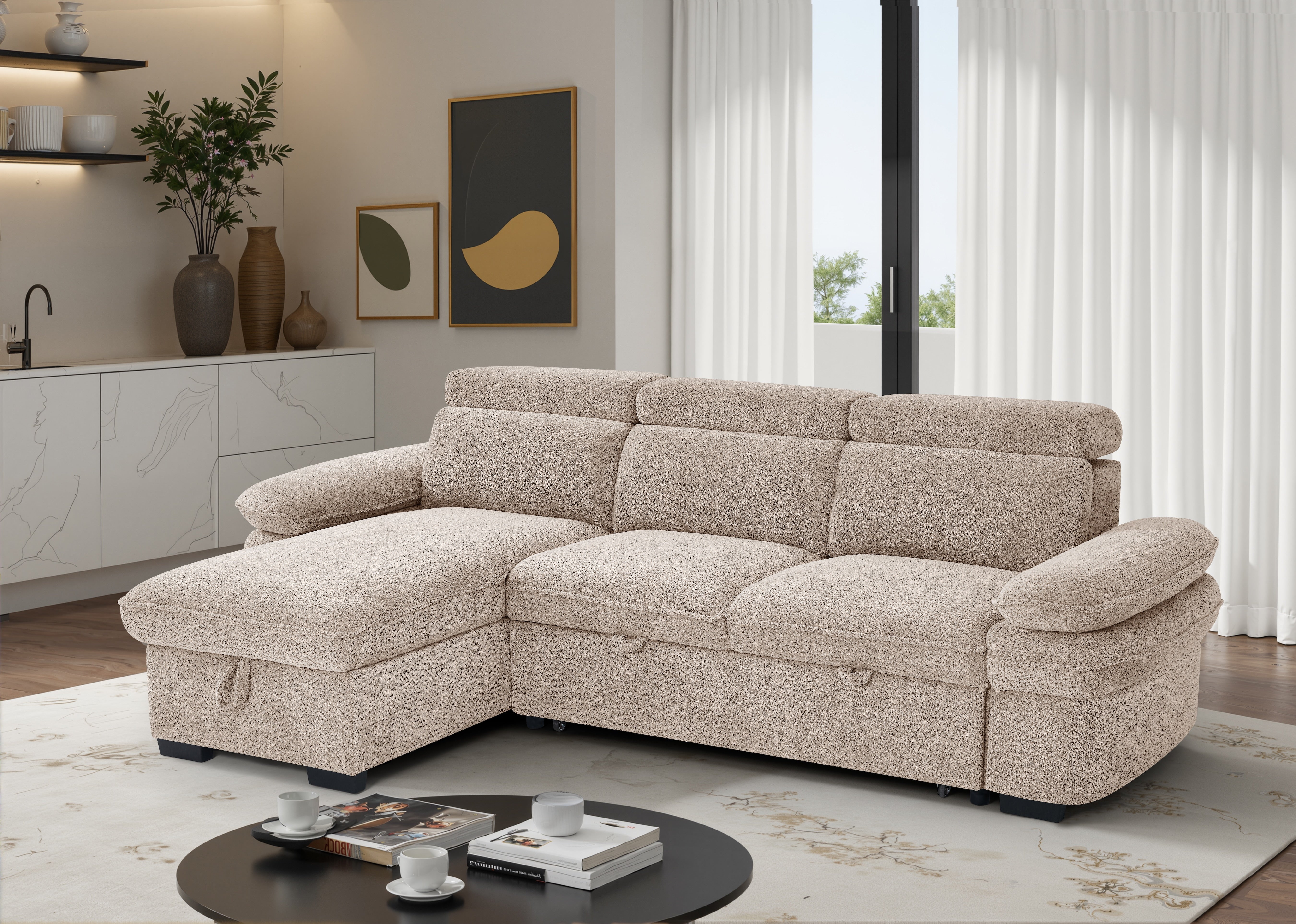 Billie Universal Corner Sofa Bed with Storage in Beige - AMC Furniture