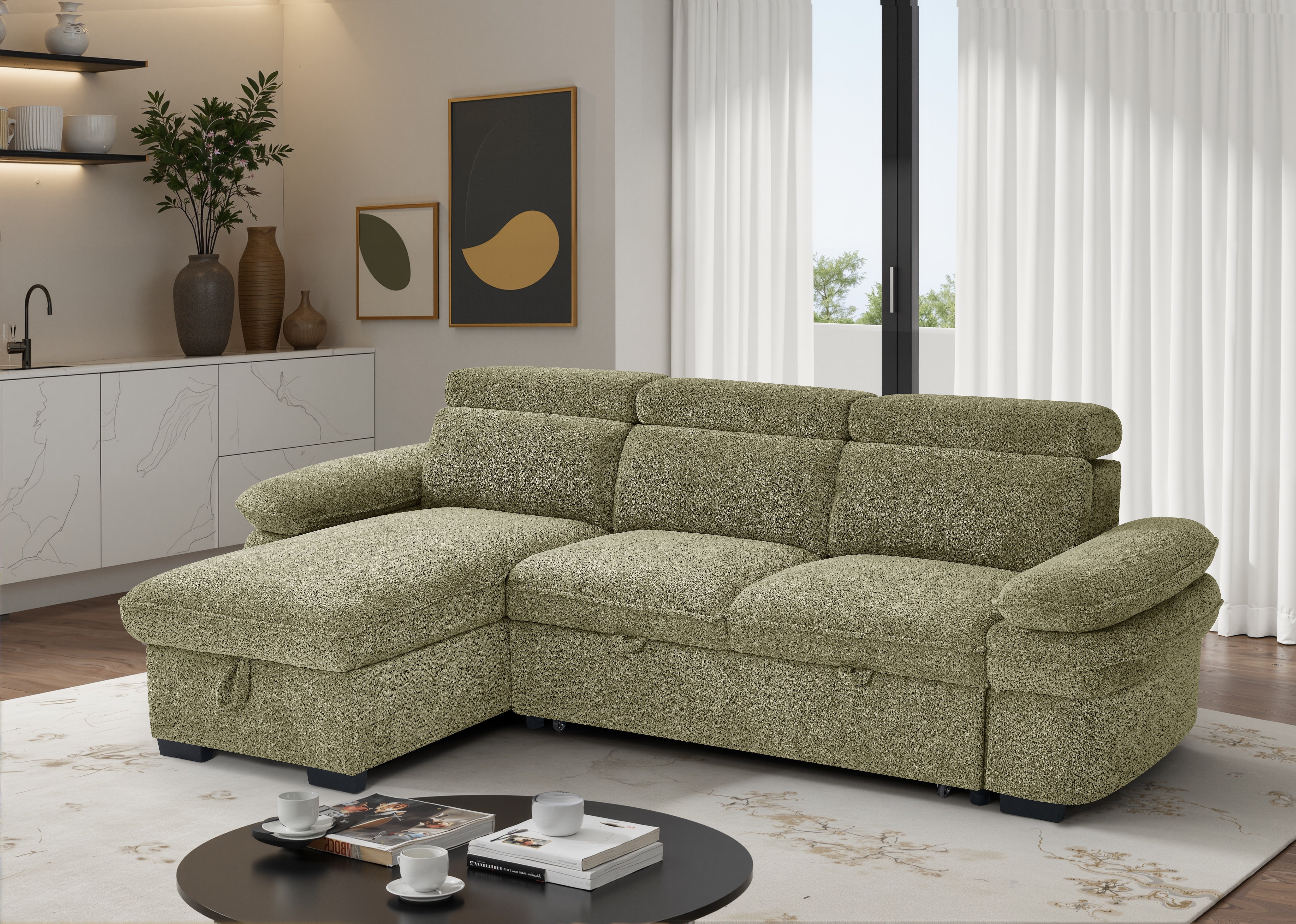 Billie Universal Corner Sofa Bed with Storage in Green - AMC Furniture