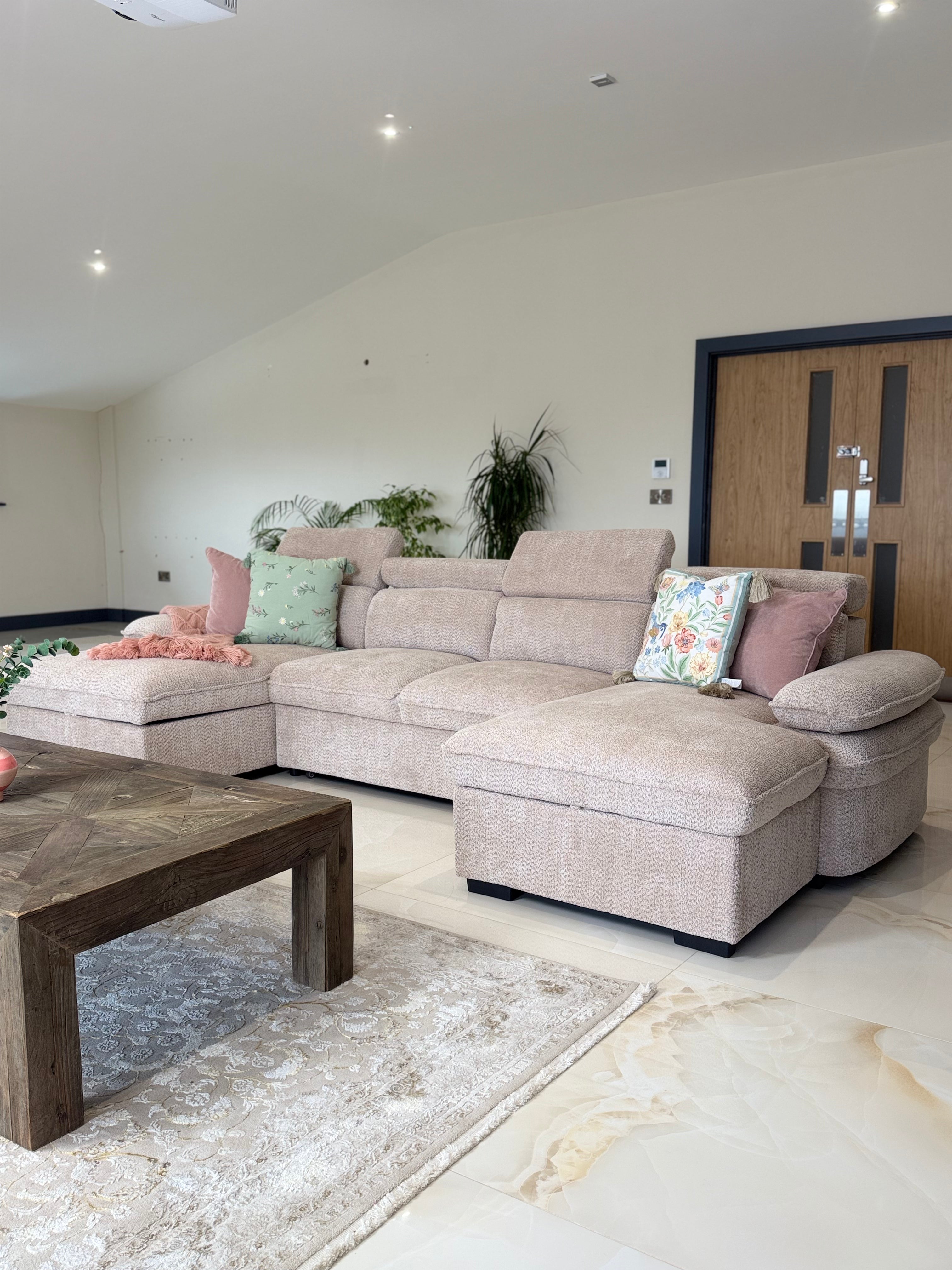 Billie U Shape Sofa Bed in Beige with Lift Up Storage Beehive