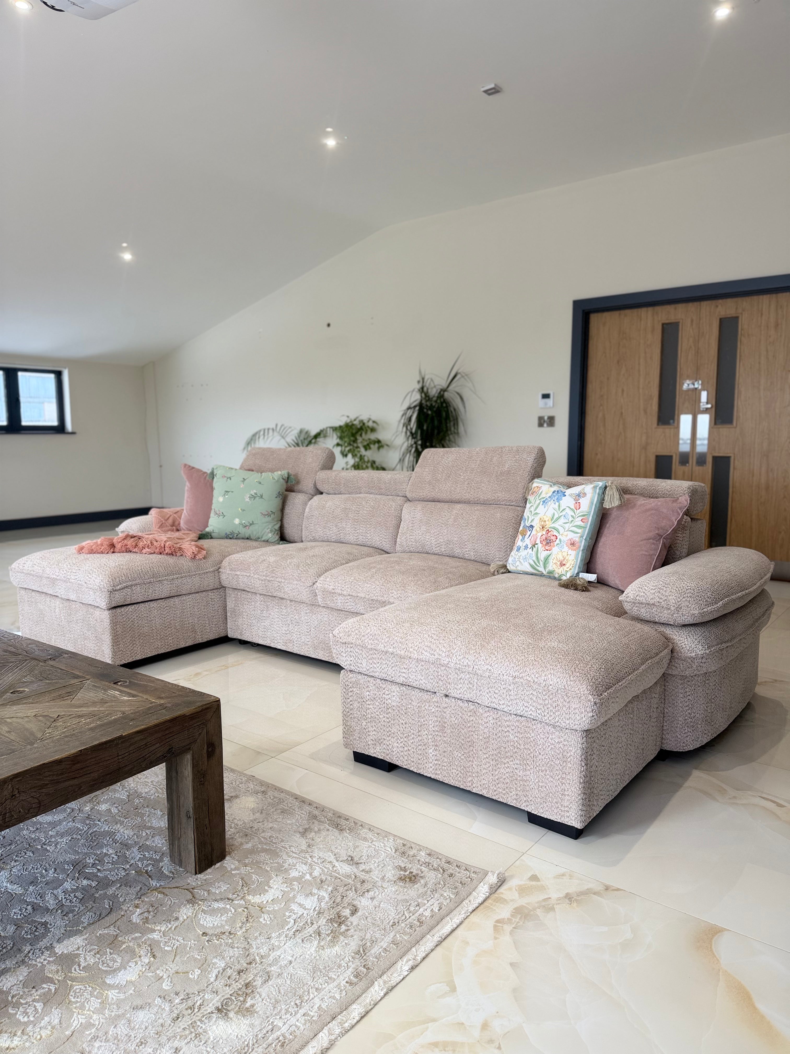 Billie U Shape Sofa Bed in Beige with Lift Up Storage Beehive