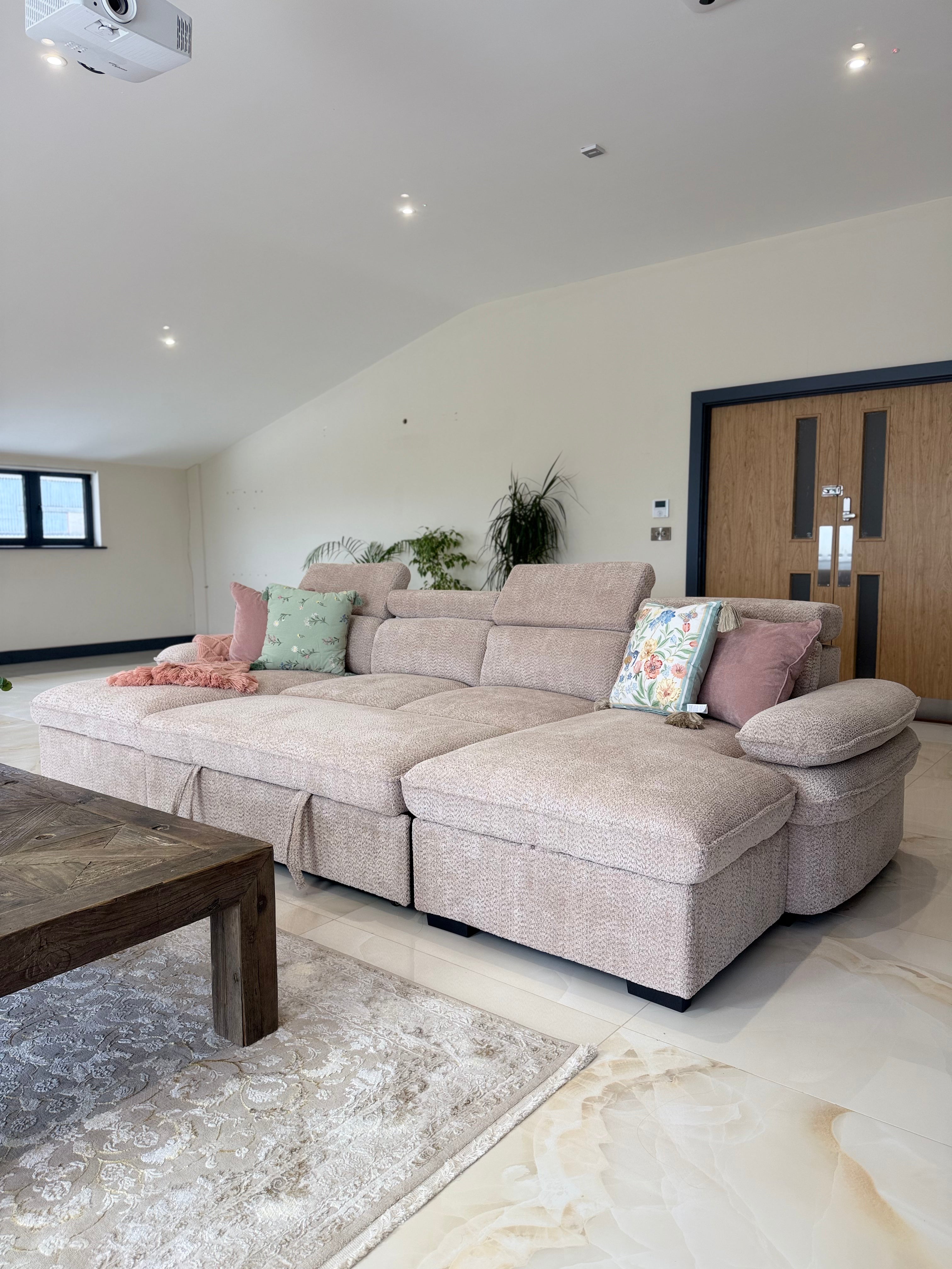 Billie U Shape Sofa Bed in Beige with Lift Up Storage Beehive