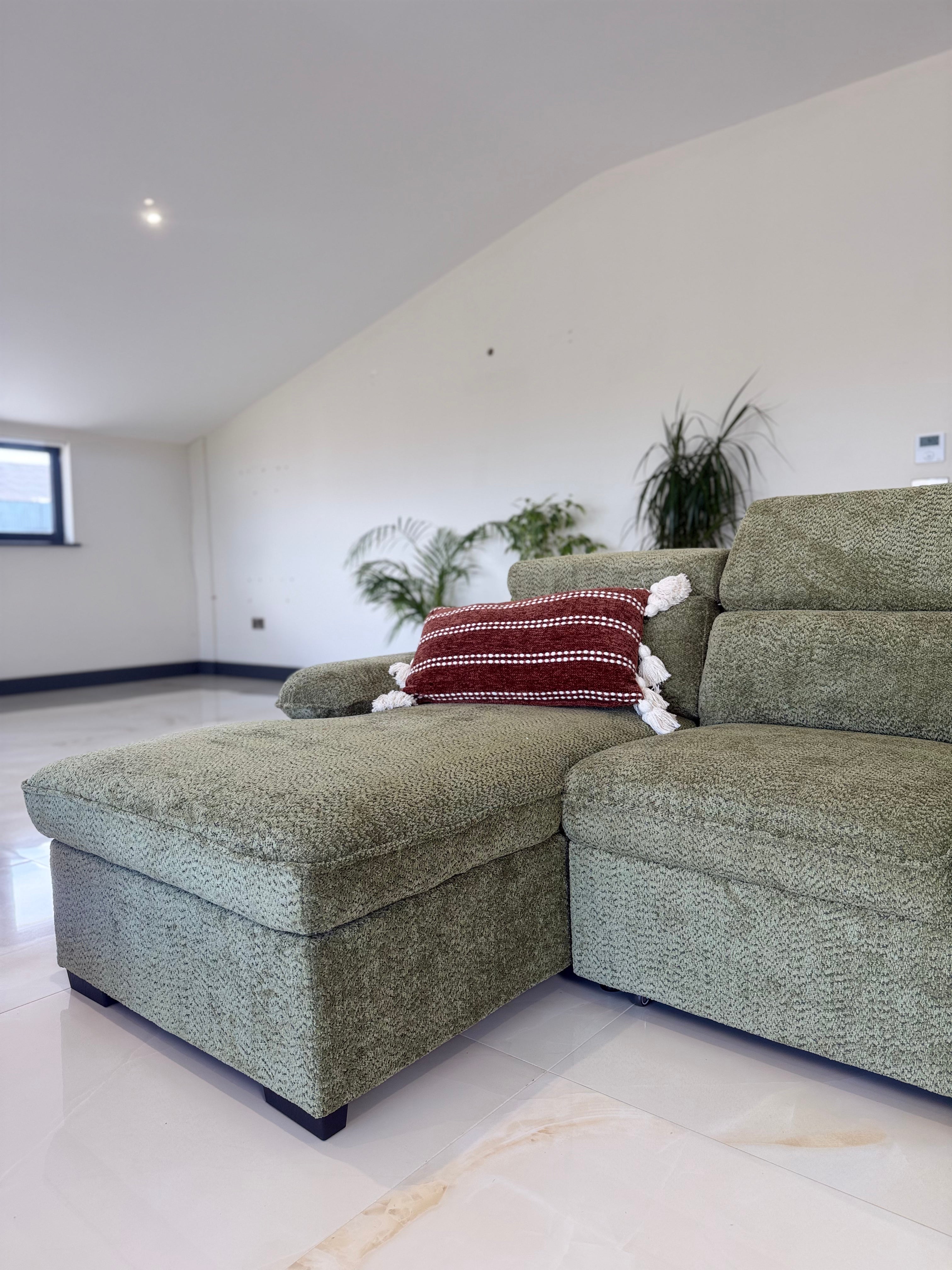 Billie U Shape Sofa Bed in Green with Lift Up Storage Beehive