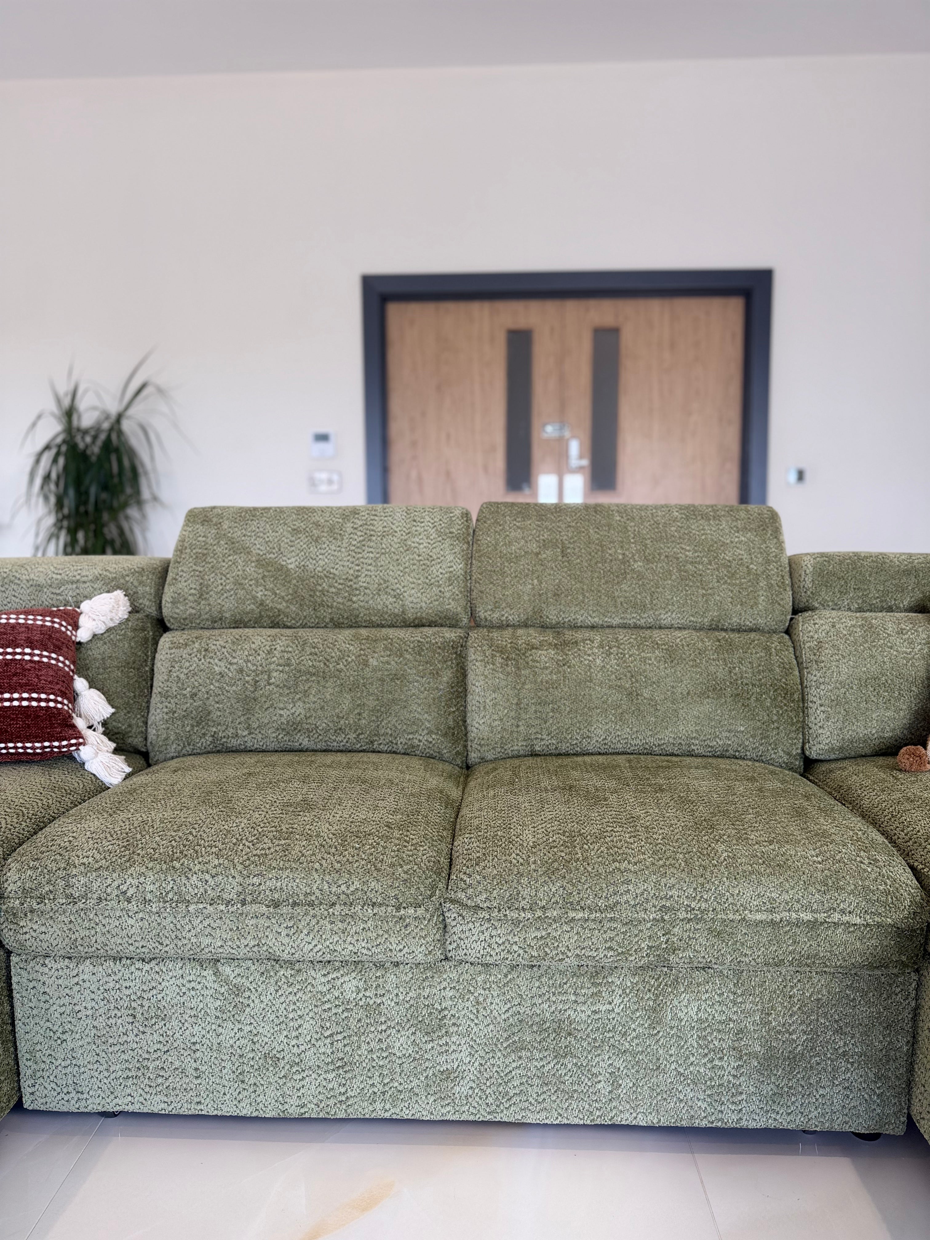 Billie U Shape Sofa Bed in Green with Lift Up Storage Beehive