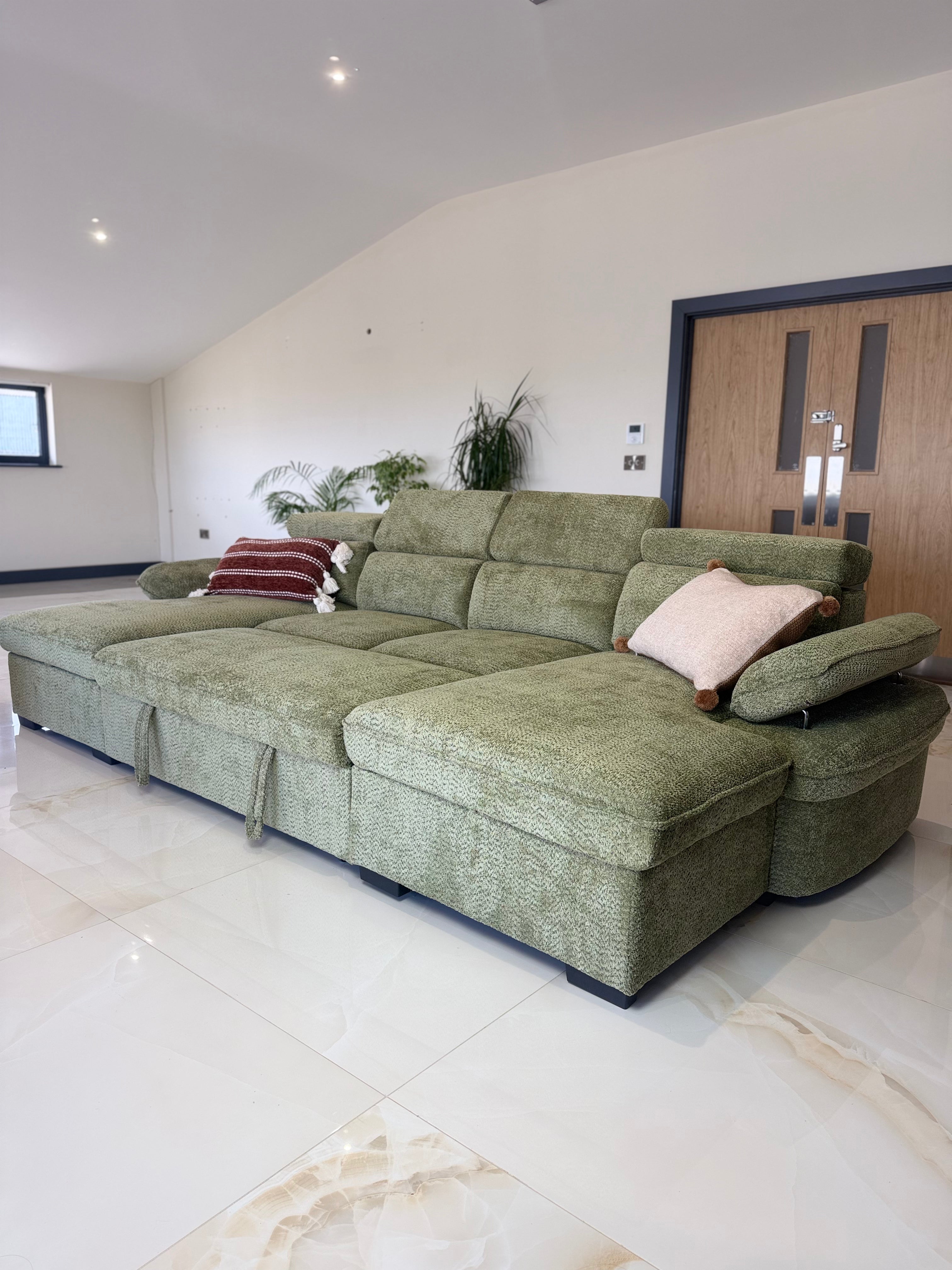 Billie U Shape Sofa Bed in Green with Lift Up Storage Beehive