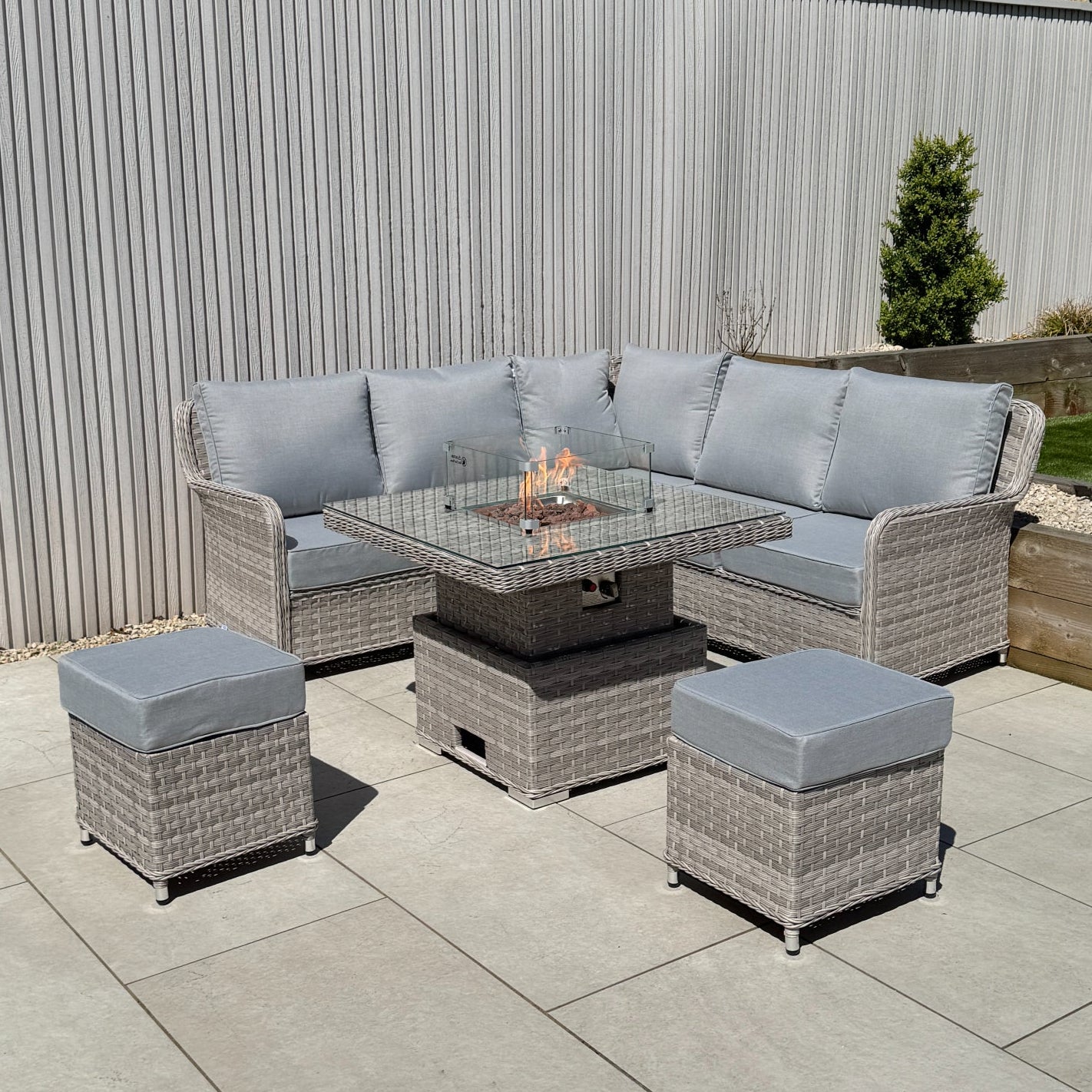 Palermo Square Dining Set with Rising Firepit Table - AMC Furniture