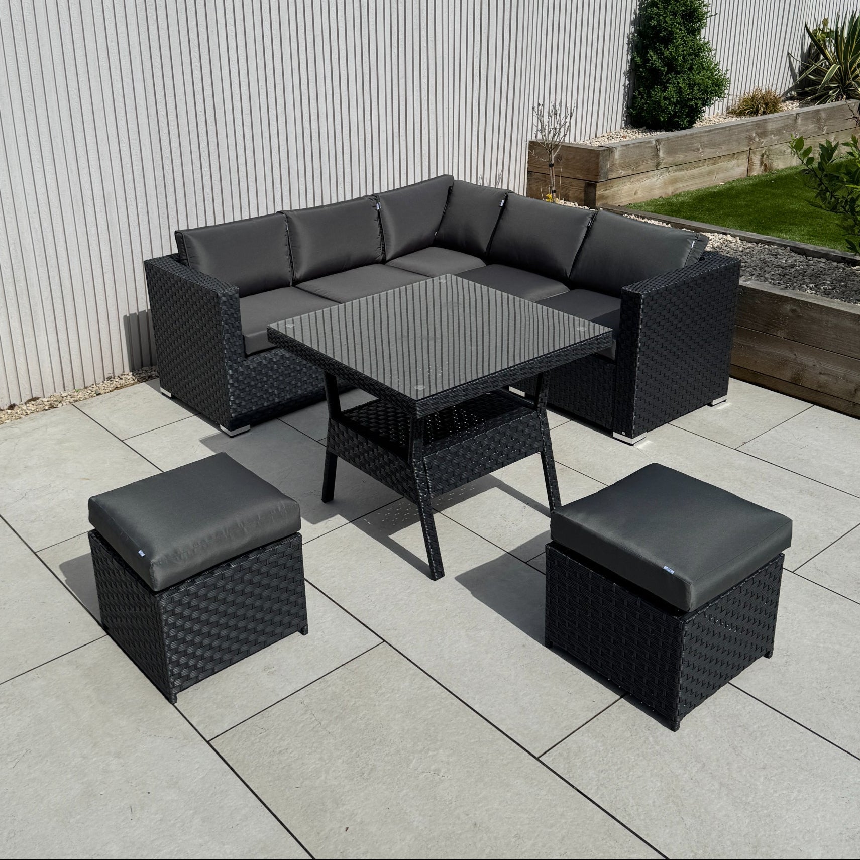 Genoa Corner Sofa Dining Set with 2 Stools in Black - AMC Furniture
