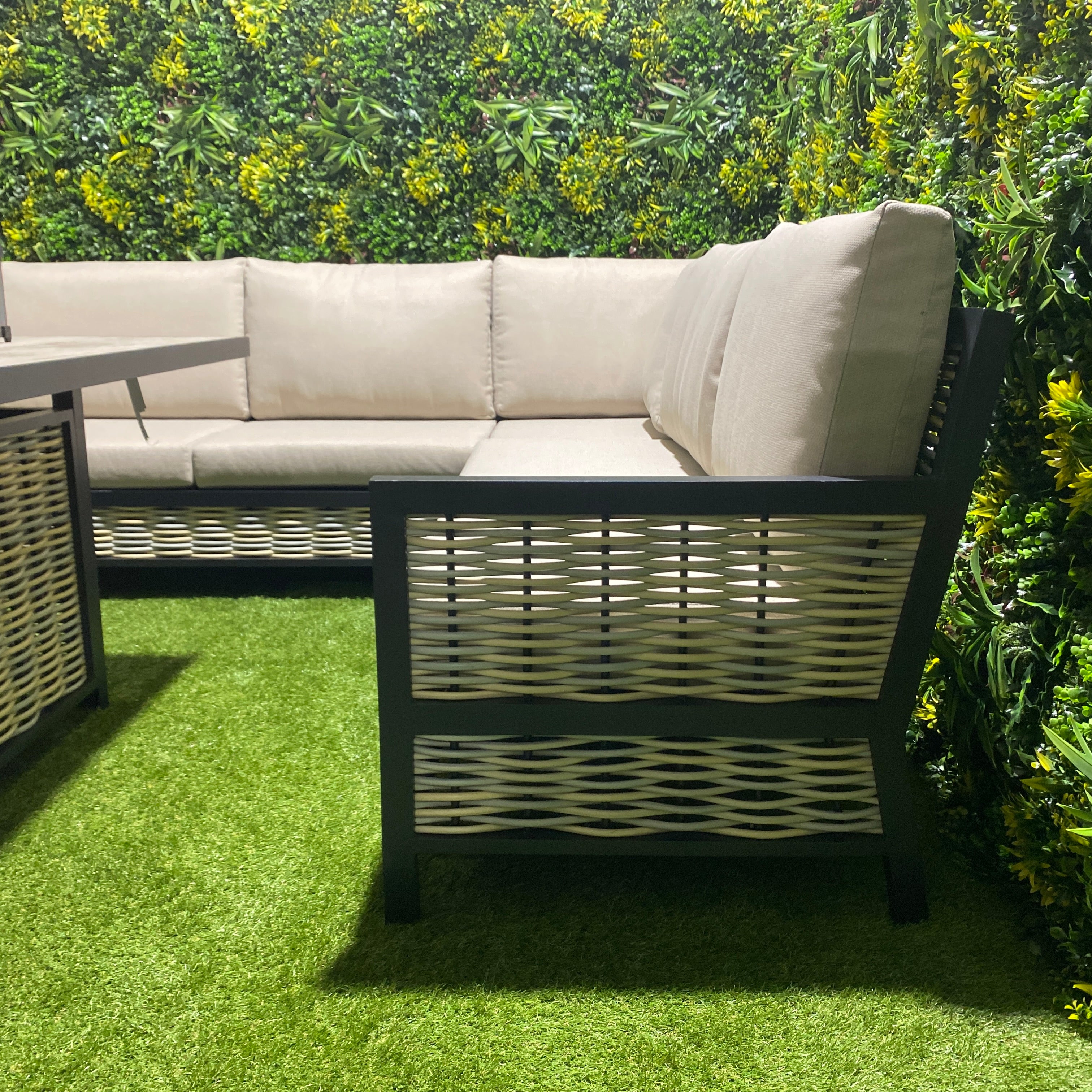 Ivy Aluminium Firepit Dining Set In Beige (14929993597306)