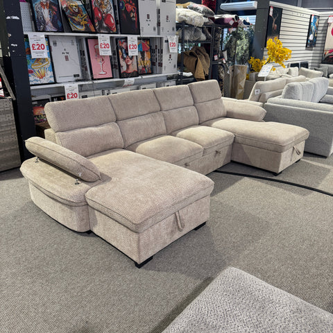 Billie U Shape Sofa Bed in Beige with Lift Up Storage (Ex display)