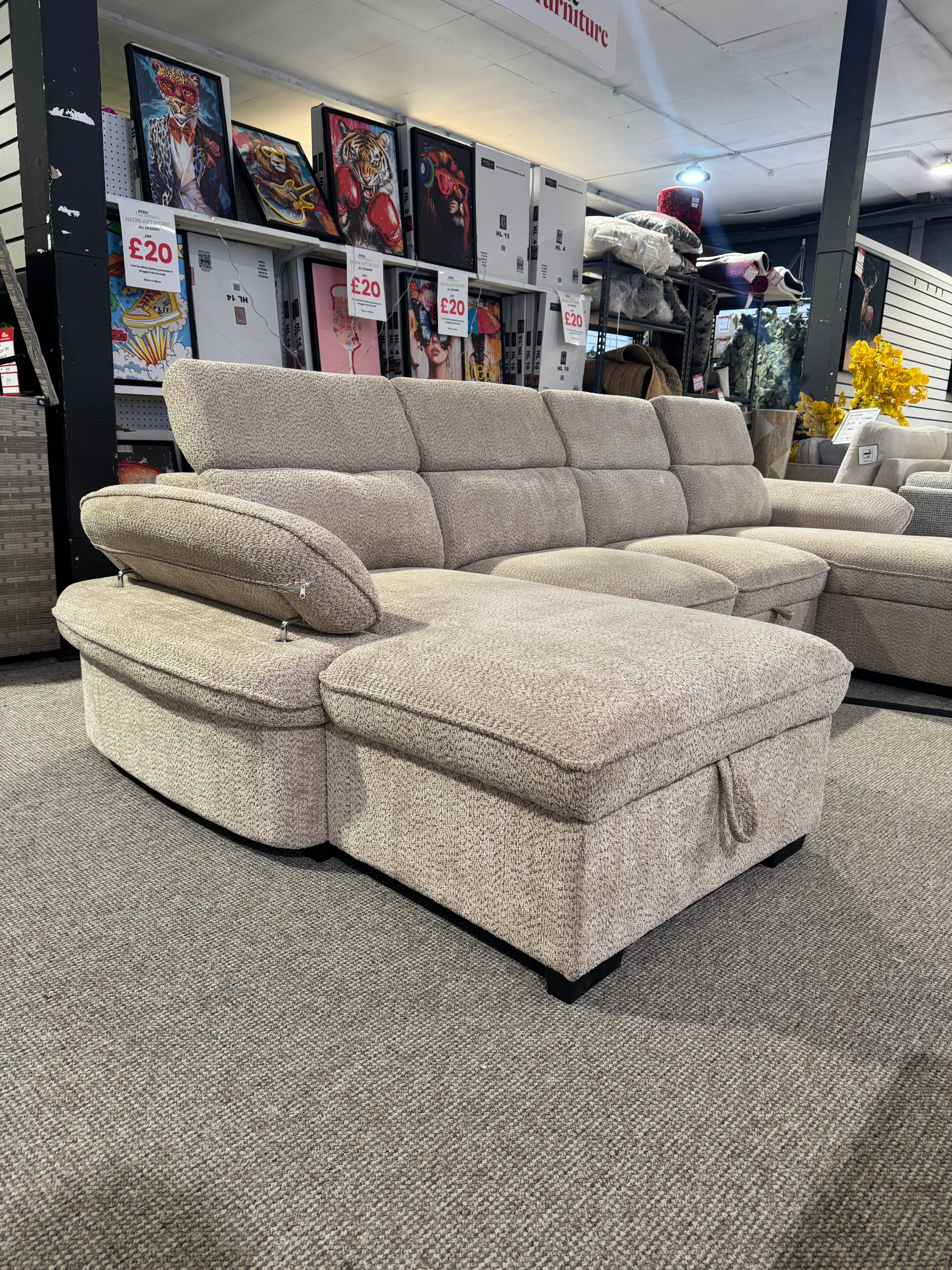 Billie U Shape Sofa Bed in Beige with Lift Up Storage (Ex display)