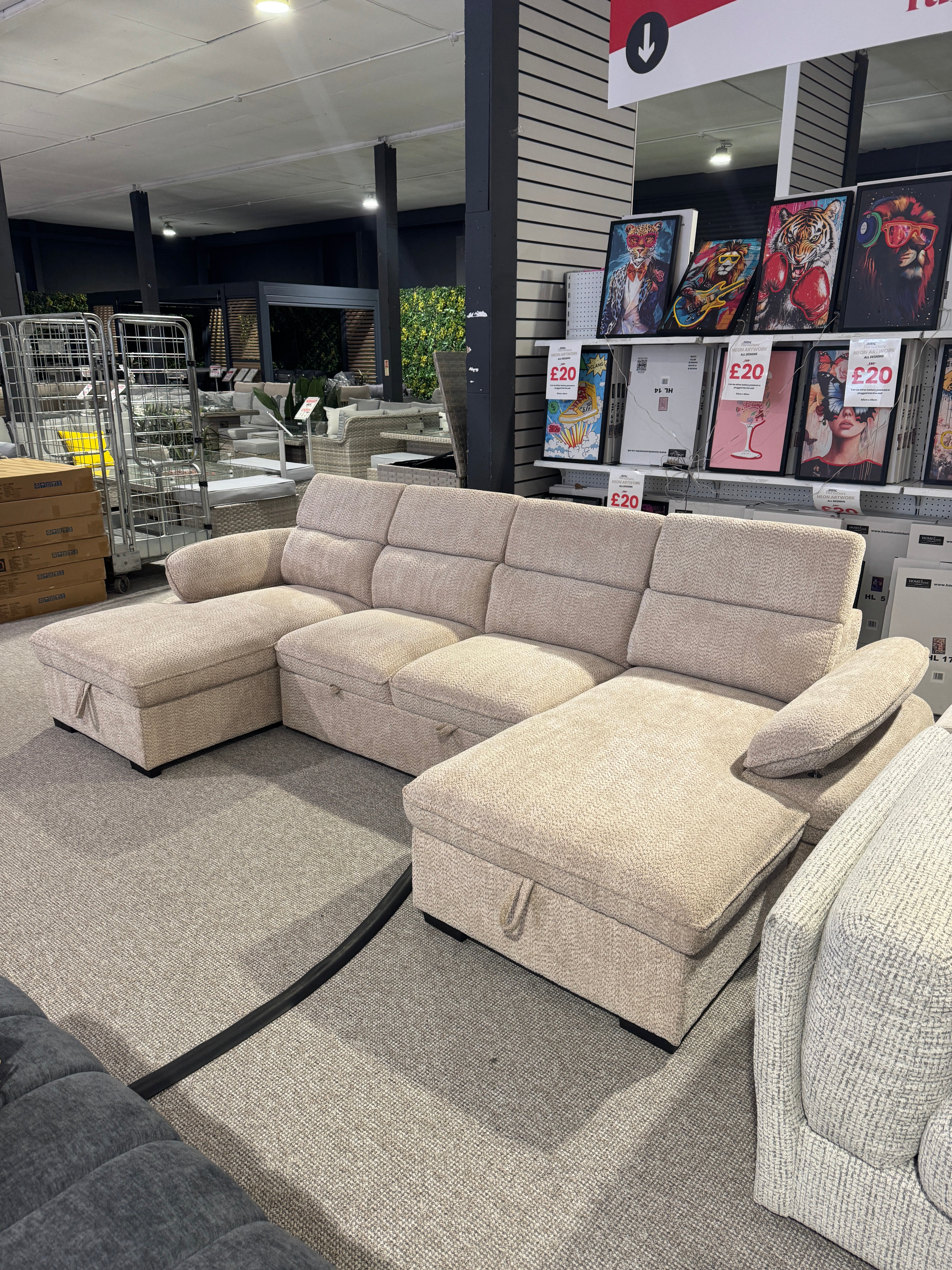 Billie U Shape Sofa Bed in Beige with Lift Up Storage (Ex display)