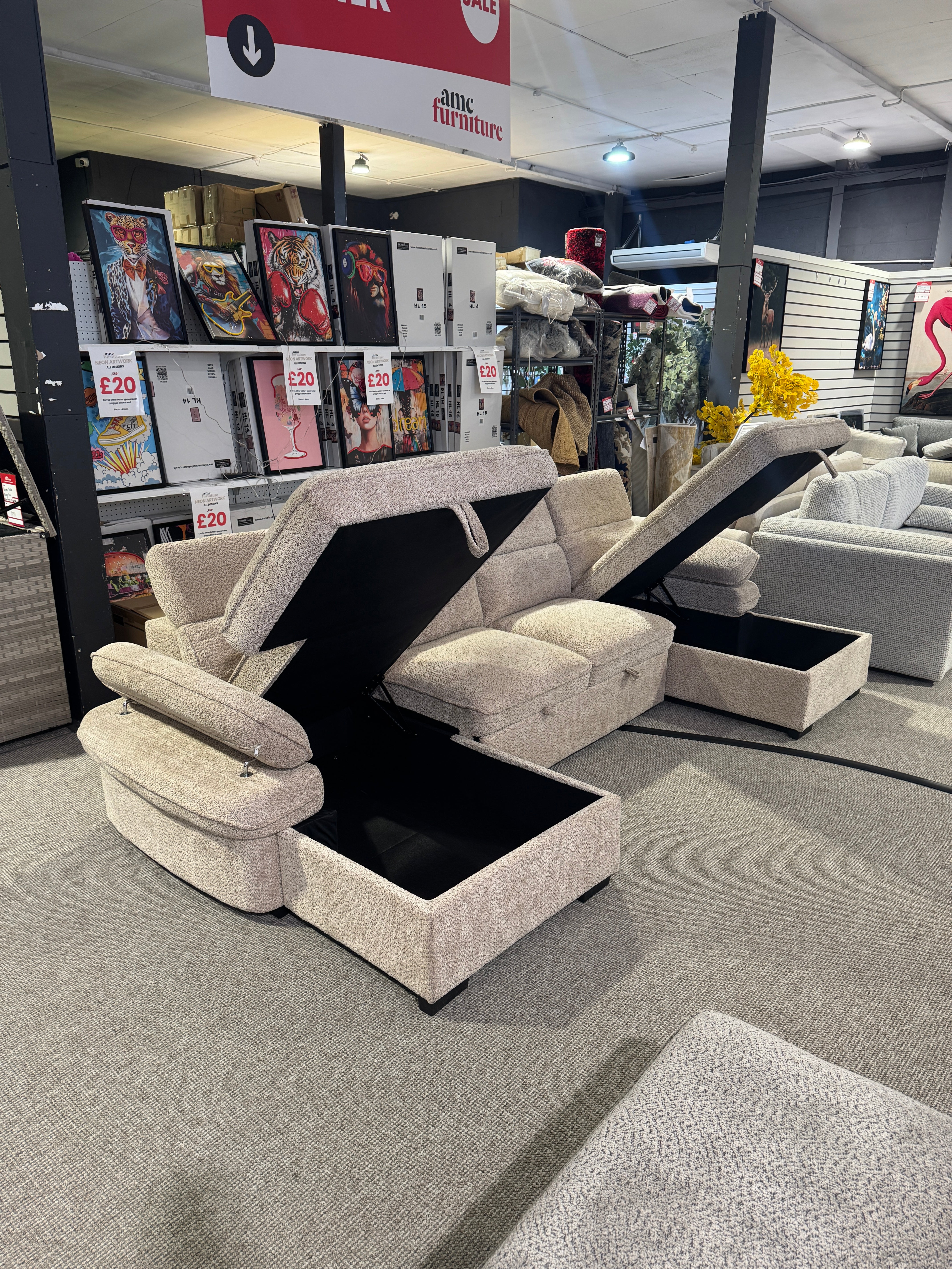 Billie U Shape Sofa Bed in Beige with Lift Up Storage (Ex display)