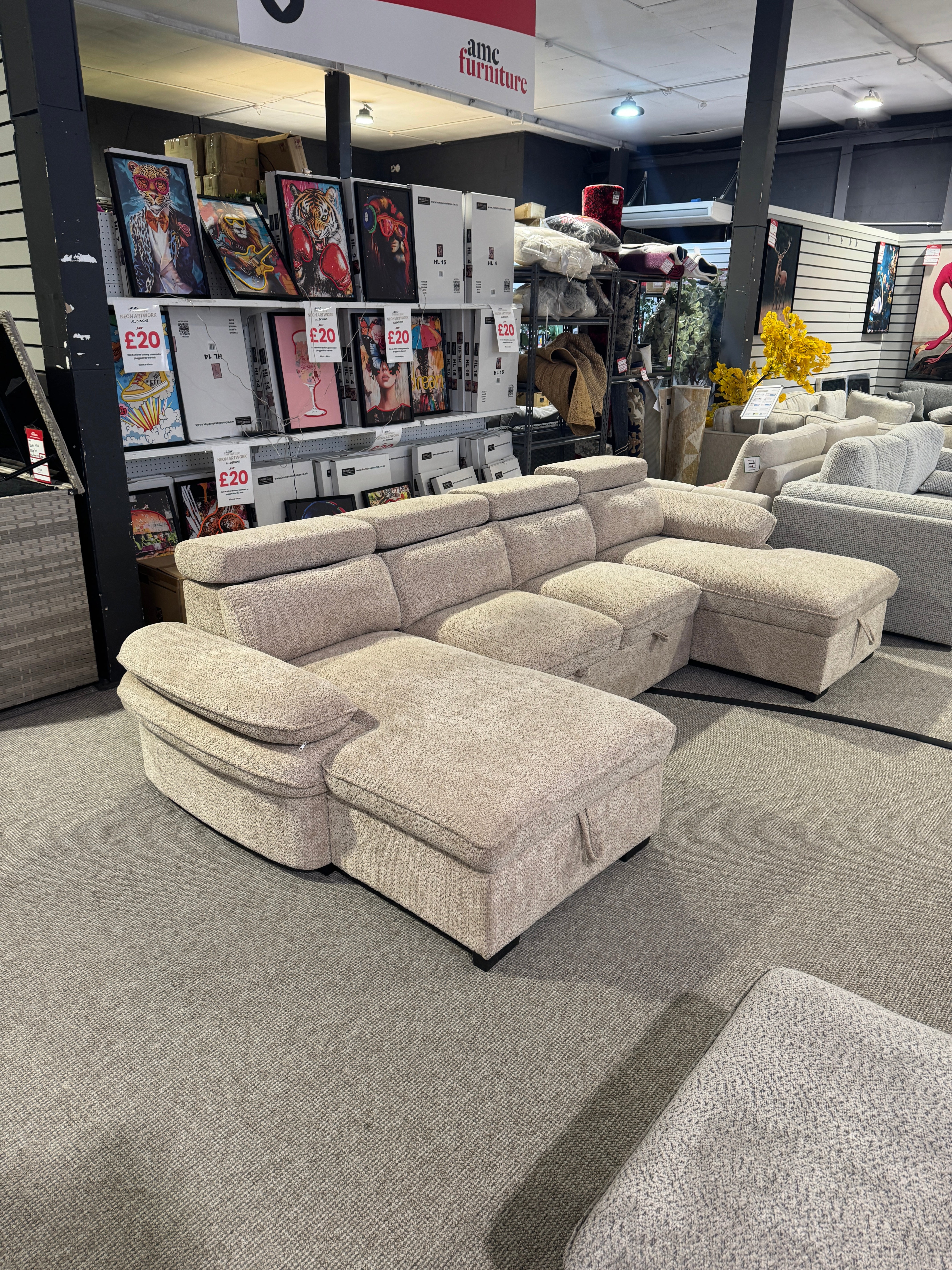 Billie U Shape Sofa Bed in Beige with Lift Up Storage (Ex display)
