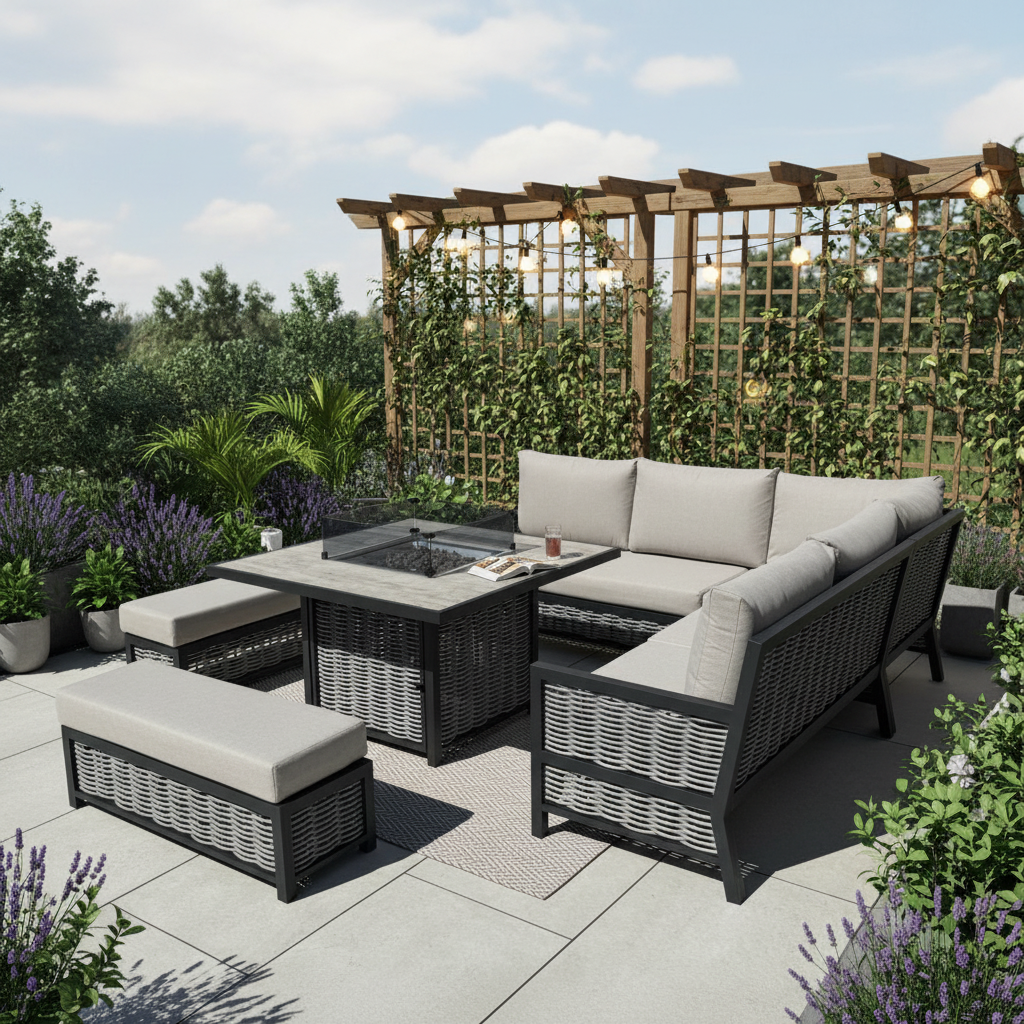 Ivy Aluminium & Rattan Corner Dining Set with Fire Pit