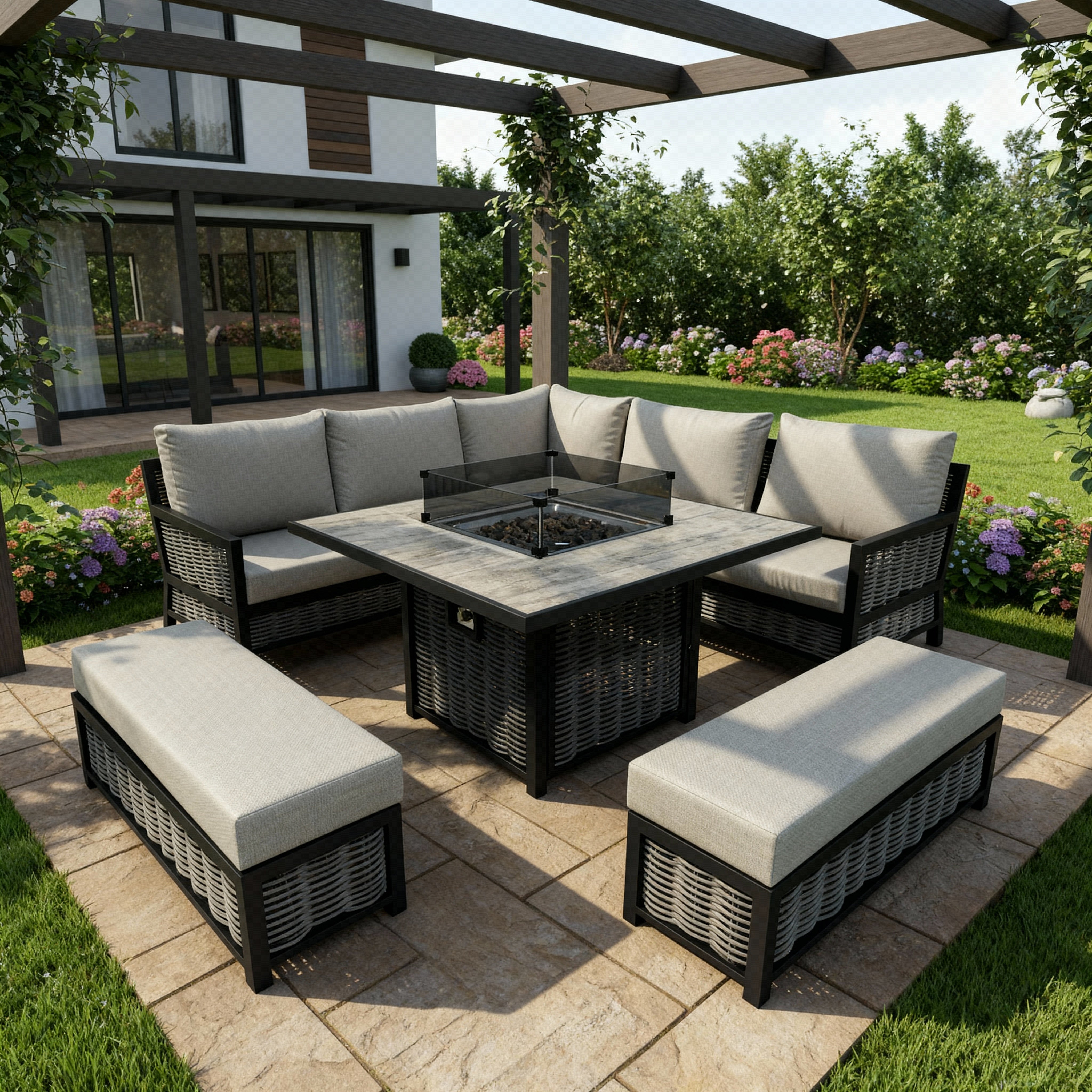 Ivy Aluminium & Rattan Corner Dining Set with Fire Pit