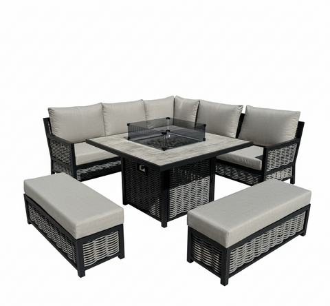 Ivy Aluminium & Rattan Corner Dining Set with Fire Pit